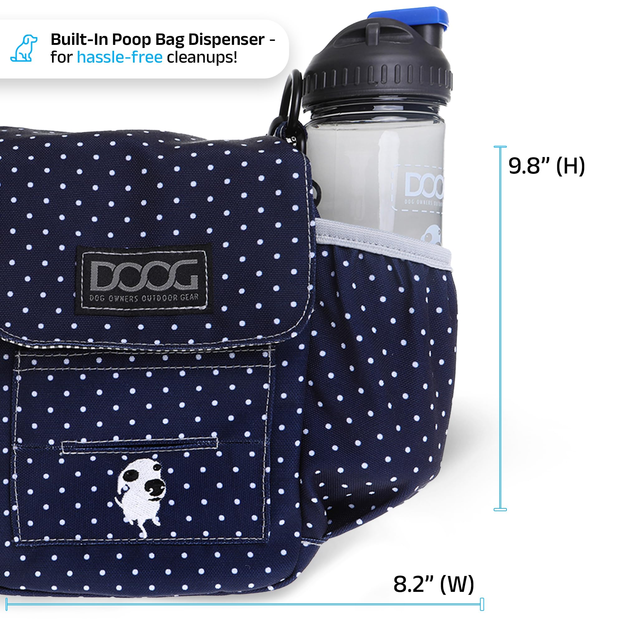 DOOG Adjustable Shoulder Walkie Bag with Poo & Water Bottle Compartments - Navy Polka Dot Pet Walking Bag for Dogs, Outdoor Adventures & Daily Walks