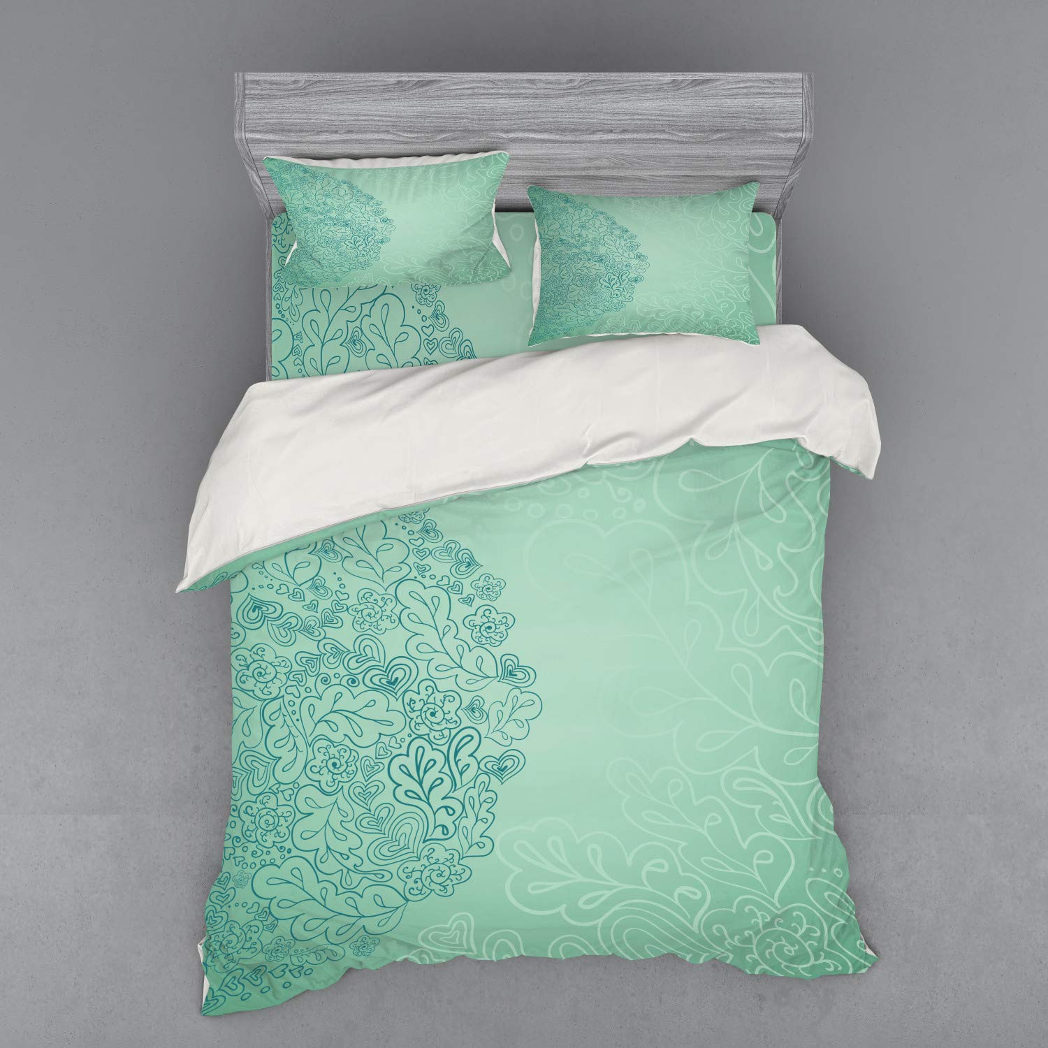 Ambesonne Mint Green Duvet Cover Set - 4 Piece Queen Size Floral Botanical Leaves Pattern Bedding with Shams & Fitted Sheet - Nature Inspired Teal Turquoise Design for Modern Bedroom Decor | Perfect for Guest Rooms, Master Bedrooms & Cozy Home Styling