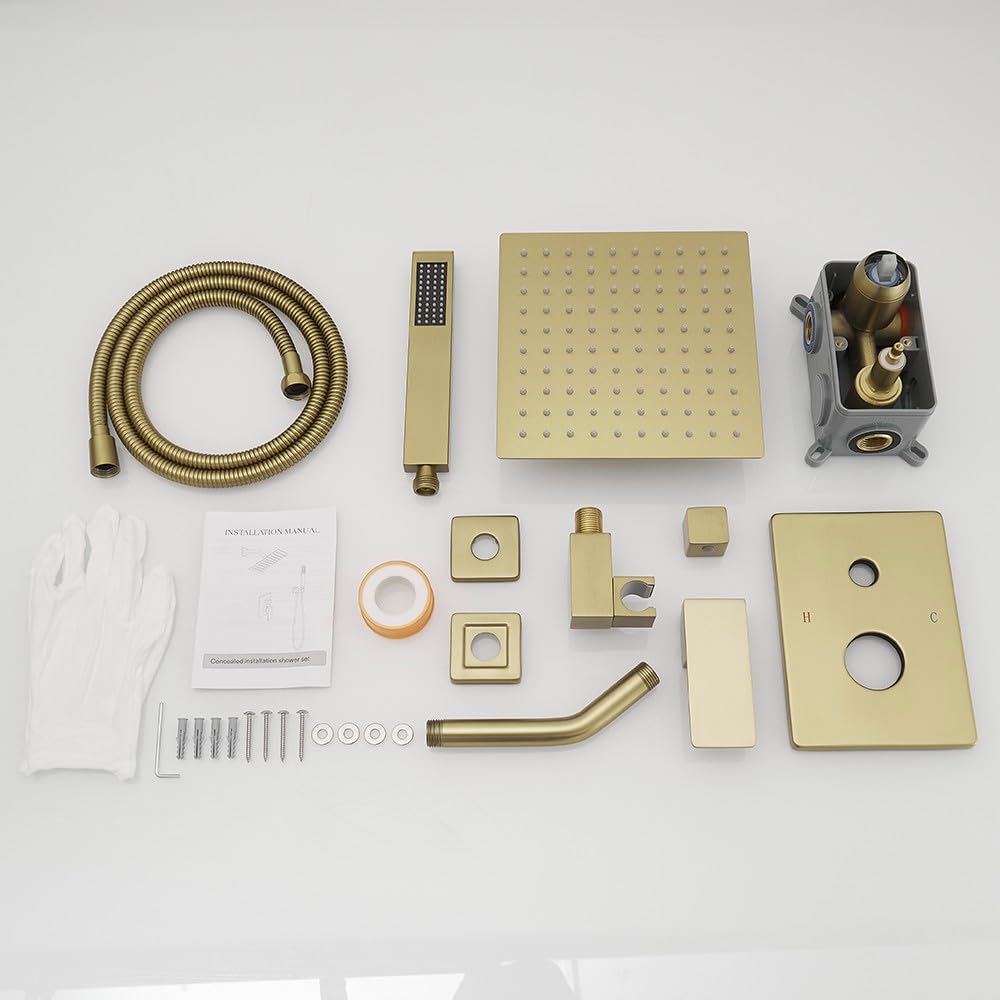 Brushed Gold Shower System - 8 Inch High Pressure Rainfall Showerhead with Handheld Sprayer | Wall Mount Bathroom Faucet Set with Rough-in Valve & Trim Kit | Perfect for Modern Master Bathrooms & Spa-Like Showers