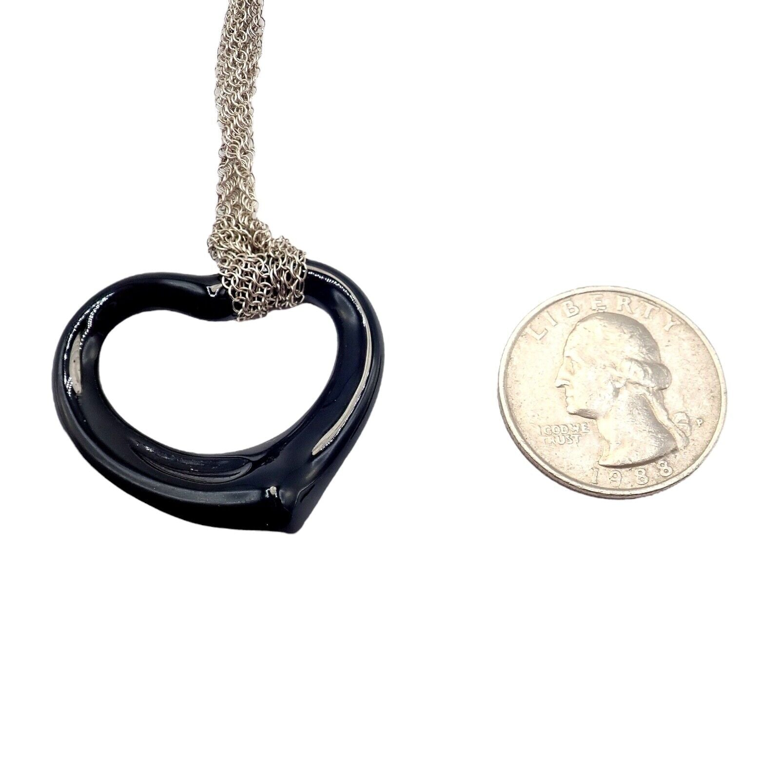 Tiffany & Co Sterling Silver Peretti 35mm Large Open Onyx Heart Pendant Necklace - 28