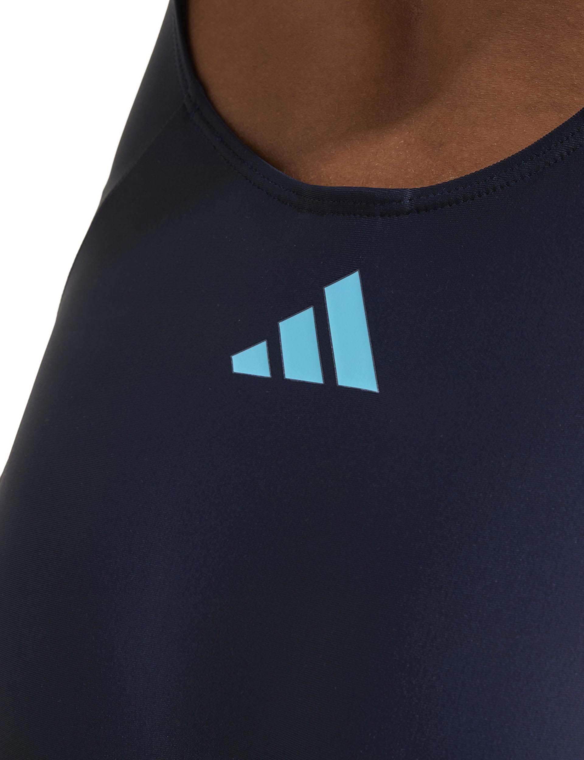 3 Stripes V Back Swimsuit for Women - Legend Ink/Lucid Cyan - High Waisted Bikini Bottom & Sexy Swimwear for Beach, Pool & Summer Vacations