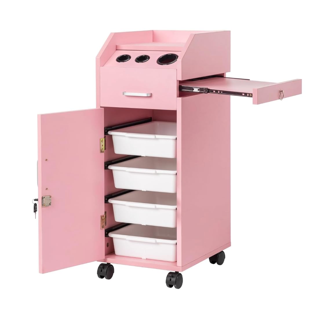 Pink Salon Storage Cart with Lockable Wheels, 3 Hair Dryer Holders & 4 Drawers - Rolling Beauty Organizer for Hair Stylists & Salons | Perfect for Salon Storage, Mobile Styling & Professional Hairdressing Tools Organization