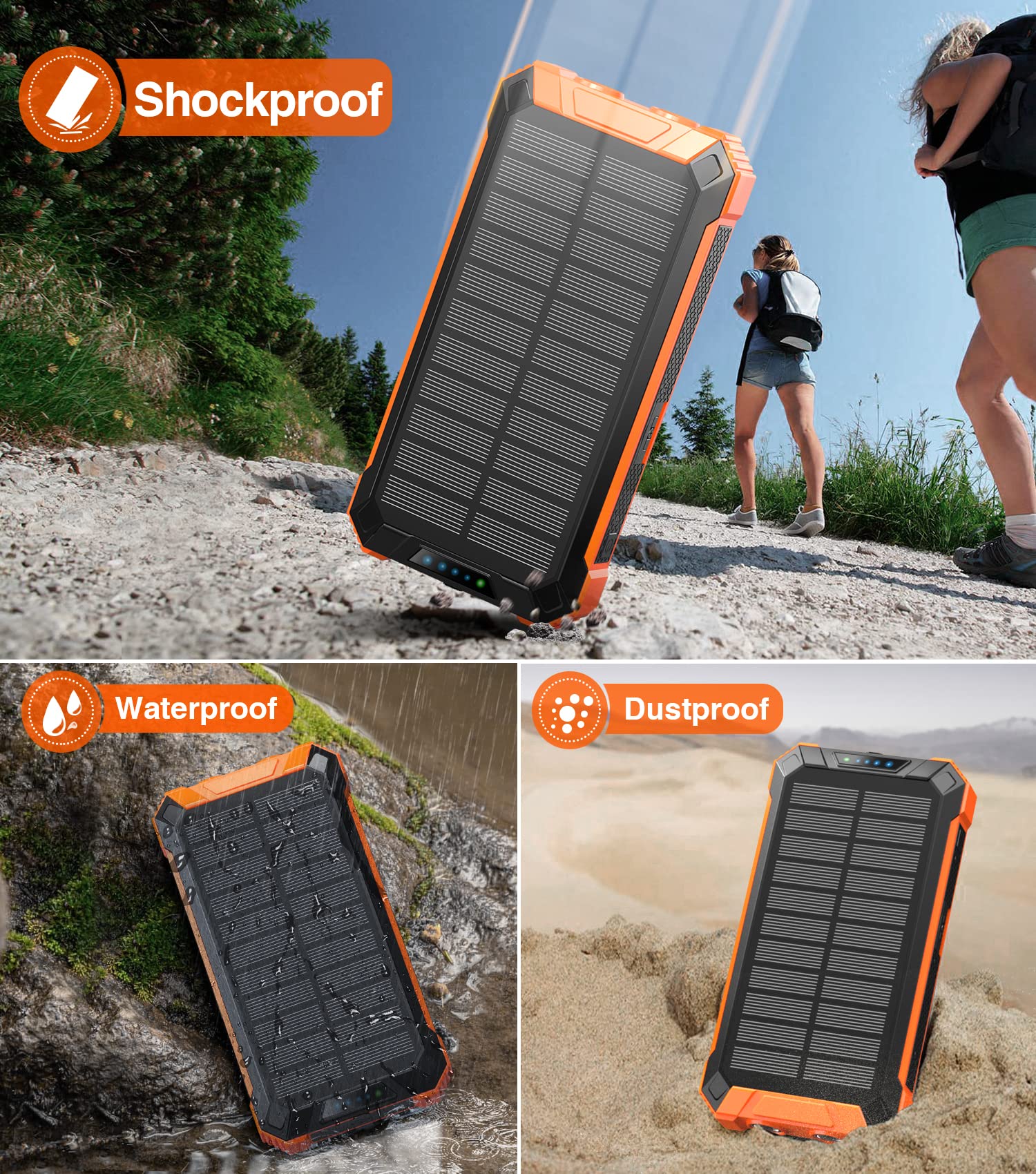 36000mAh Solar Power Bank with Wireless Charging - 15W Fast Portable Charger Built-in 4 Cables & 6 Outputs for iPhone, Samsung, Android Devices - Dual Flashlights & Carabiner for Camping, Travel, Emergency Power Backup