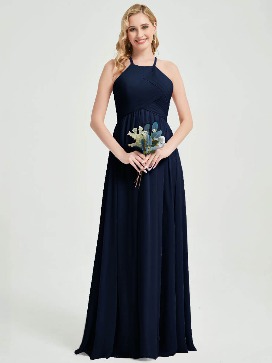 Elegant Dark Navy Halter Pleated Keyhole Back Chiffon Maxi Bridesmaid Dress for Weddings & Formal Events - Perfect for Summer Beach Weddings, Evening Galas, and Special Occasions
