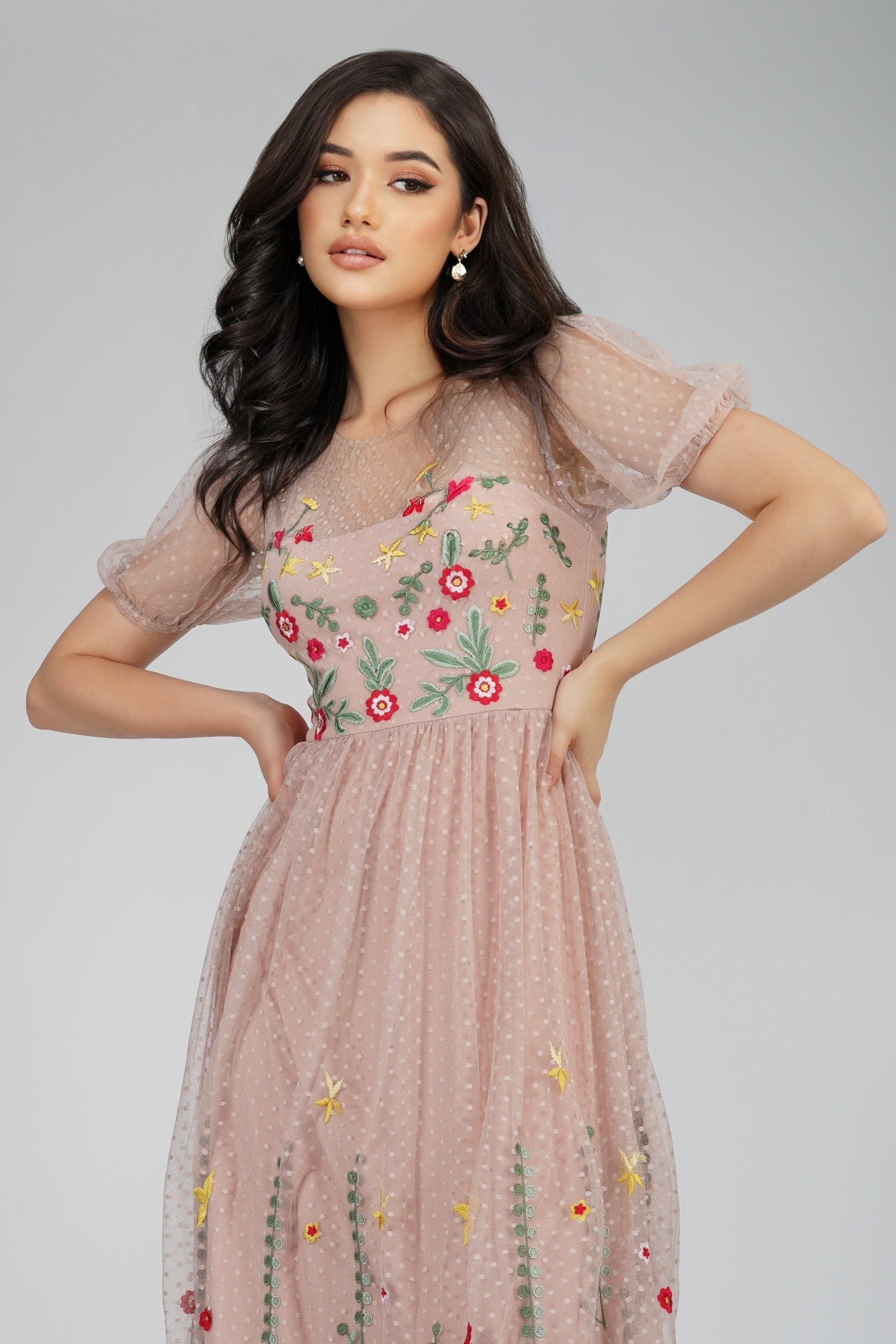 Azalea Dusty Pink Embroidered Floral Summer Dress for Women - Elegant Boho Maxi Dress for Beach, Wedding & Special Occasions