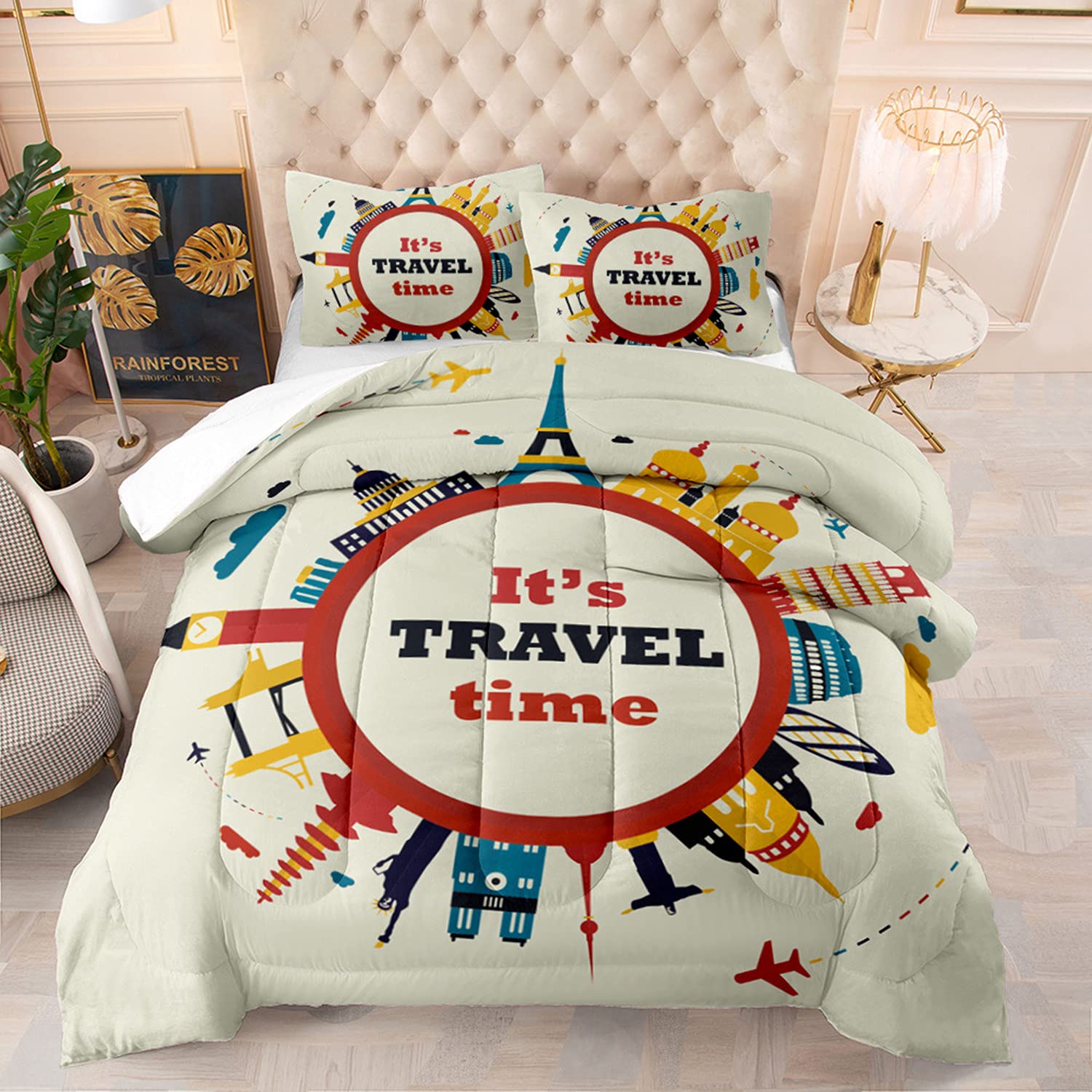 Kxry GELRAMOE Cartoon World Tourist Attraction Comforter Set - King Size Bedding for Women, Girls & Adults - Famous Landmarks Duvet Cover with 1 Comforter + 2 Pillowcases - Perfect for Themed Bedrooms, Travel Lovers & Gift Giving