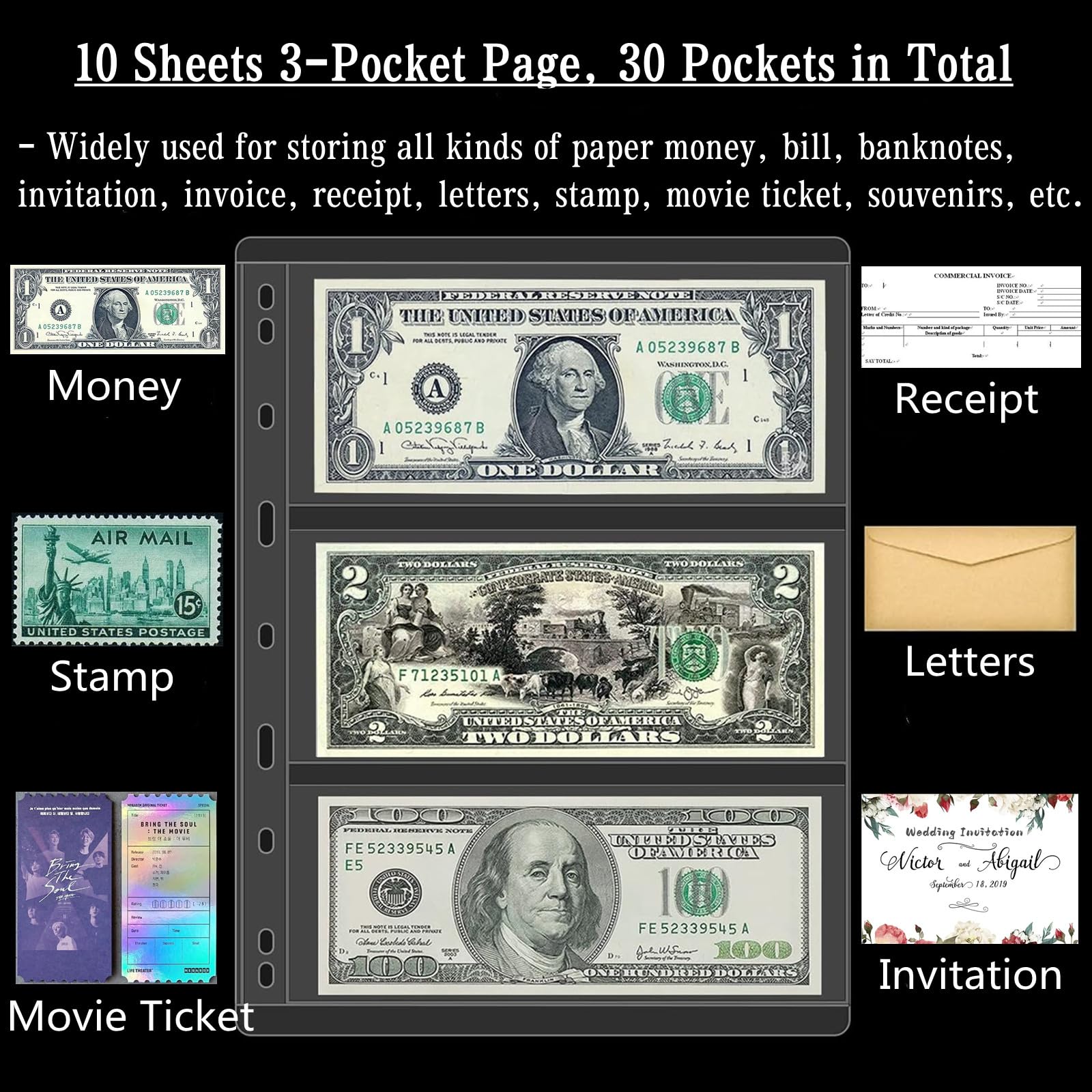 Ettonsun 10 Sheets Currency Collection Pages - Acid-Free Banknote Sleeves & Money Holder Album for Travel Souvenirs, Bills, Stamps - Perfect for Collectors, Travelers & Numismatic Storage