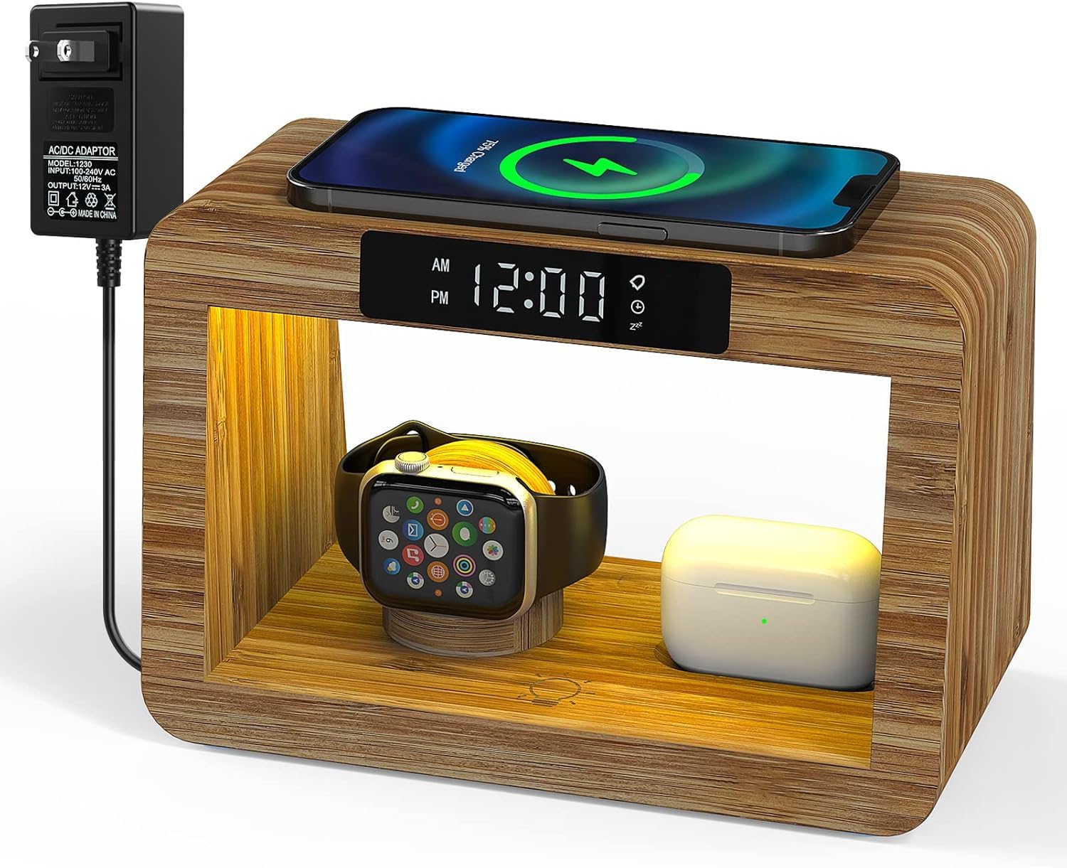 15W Fast Wireless Charging Station with LED Clock & Adjustable Desk Lamp - 3 Color Night Light, Bamboo Charging Dock for iPhone 14/13/12, AirPods, Apple Watch - Perfect Bedside Organizer for Home & Office Gifts (Men & Women)