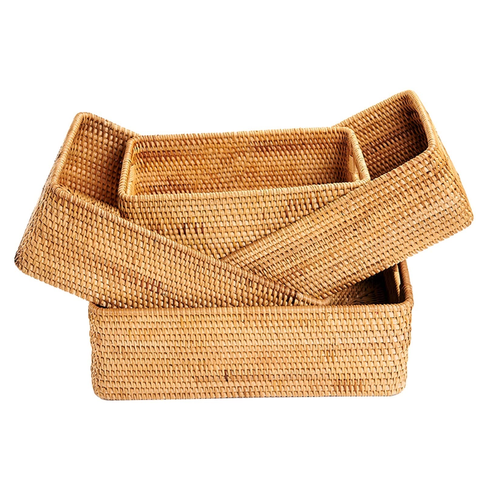 BZGKNUL 4-Piece Hand-Woven Rattan Storage Baskets with Handles - Rectangular Woven Baskets for Home Organization, Kitchen, Books & Sundries - Perfect for Living Room Decor, Bathroom Storage & Office Desktop