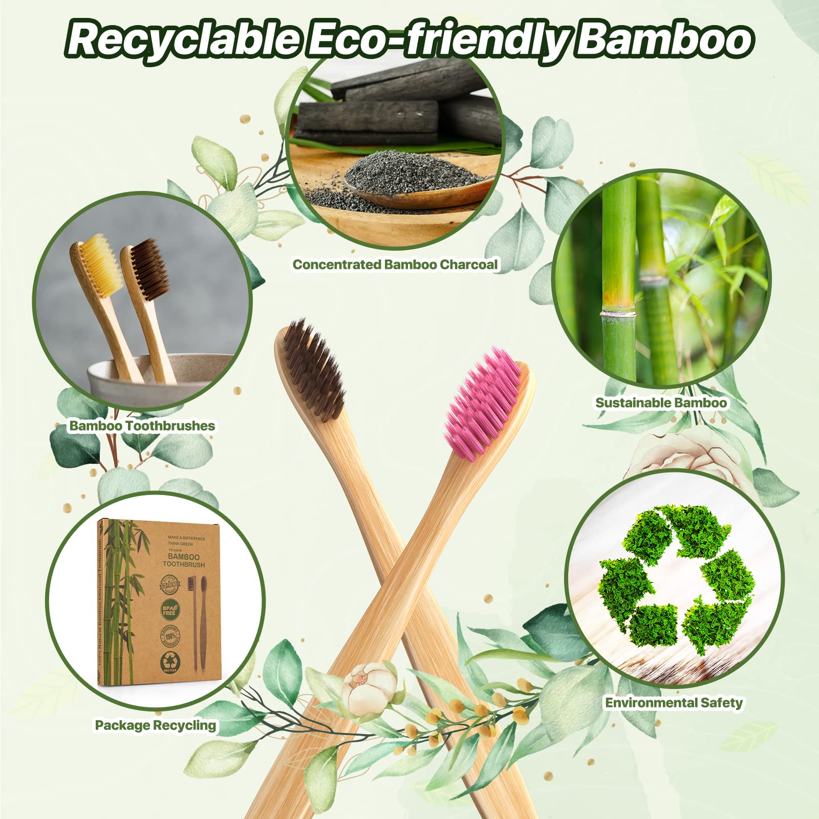 10 Color Kids Bamboo Toothbrushes | BPA-Free Soft Bristles Wooden Toothbrushes | Eco-Friendly Biodegradable & Compostable Charcoal Toothbrushes - Family Pack of 12 | Perfect for Travel, School & Sustainable Oral Care
