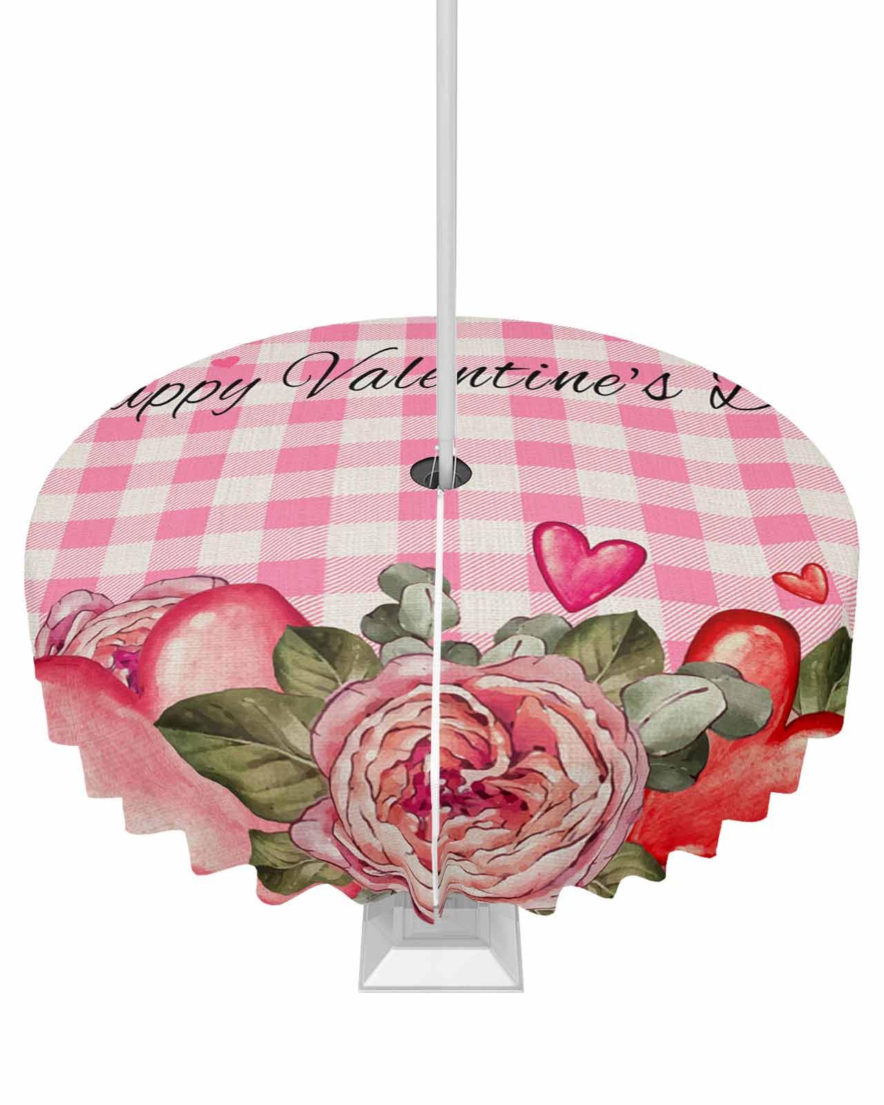Valentine's Day Waterproof Round Tablecloth 60 Inch - Pink Red Heart Plaid Outdoor Table Cover with Umbrella Hole & Zipper for Picnic, Party, Garden, and Patio Use