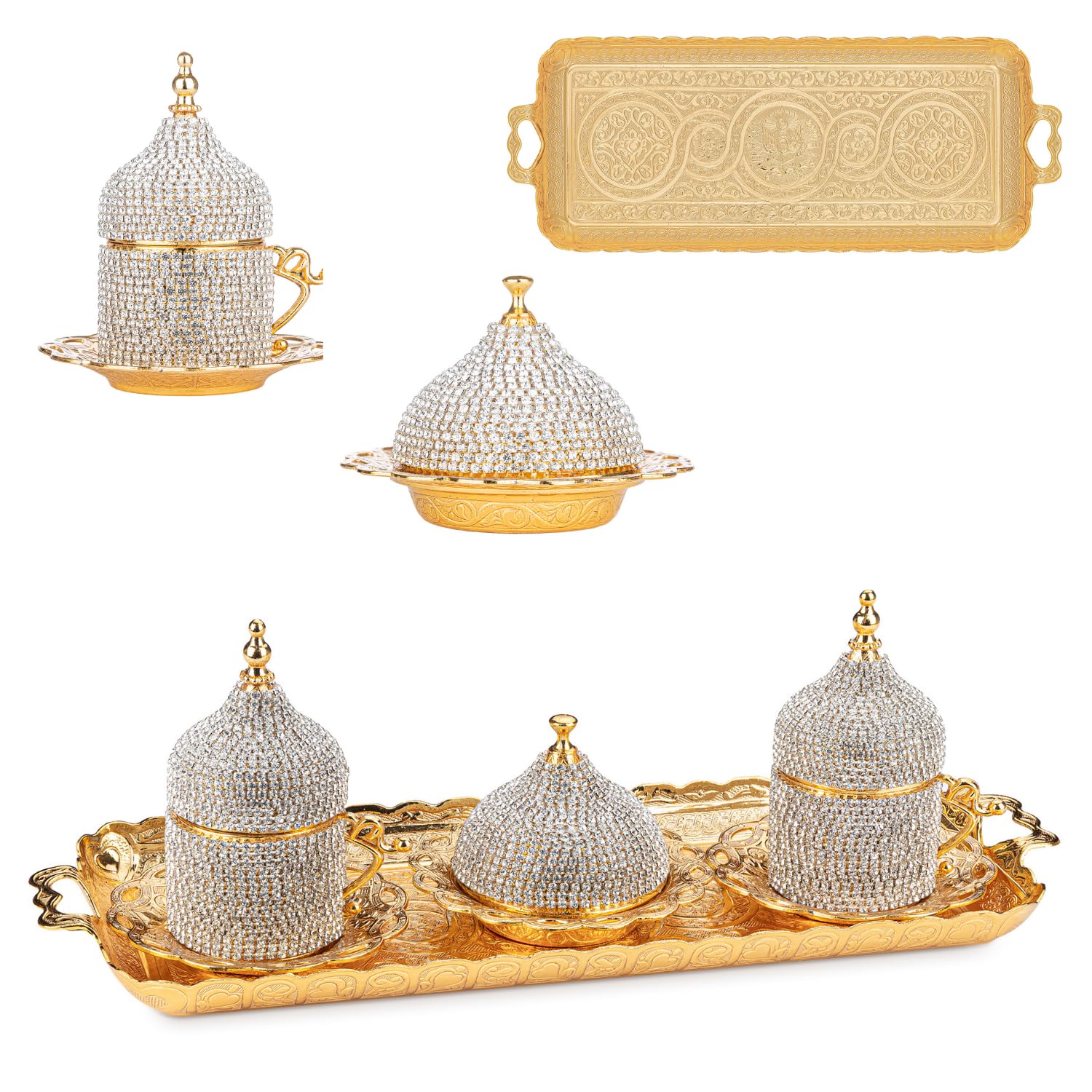 Premium Ottoman Turkish Greek Arabic Espresso Coffee Cup Set with Saucer & Lid - Crystal Glassware (2-Piece, Gold) - Perfect for Turkish Coffee, Espresso & Tea at Home or Cafe