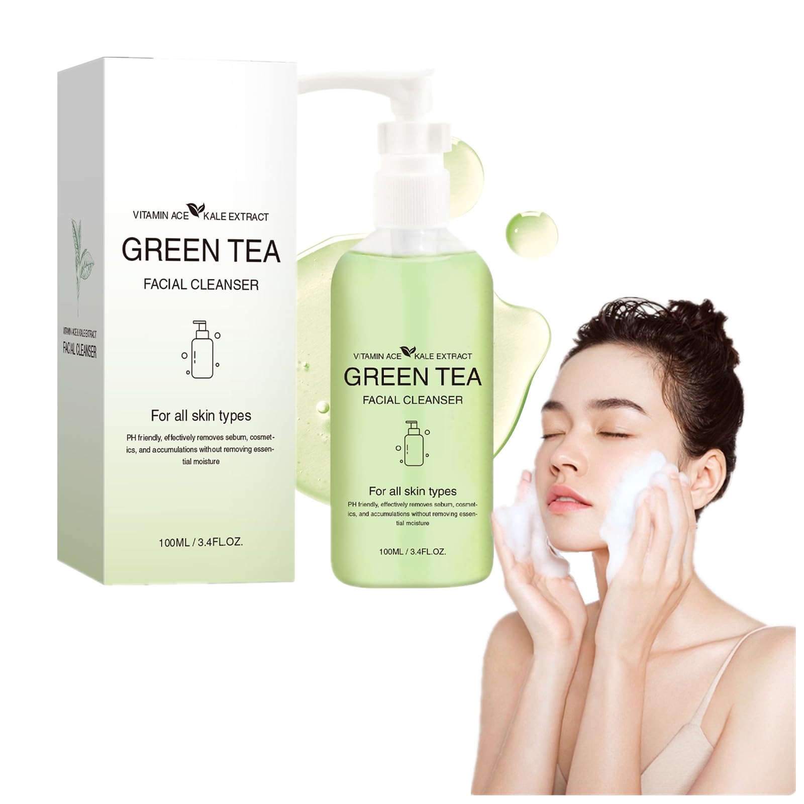 Natural Vegan Green Tea & Kale Facial Cleanser - Gentle Moisturizing Daily Face Wash for Deep Cleansing, Makeup Removal & Pore Minimizing | Perfect for Sensitive Skin & Daily Skincare Routine (1pc)