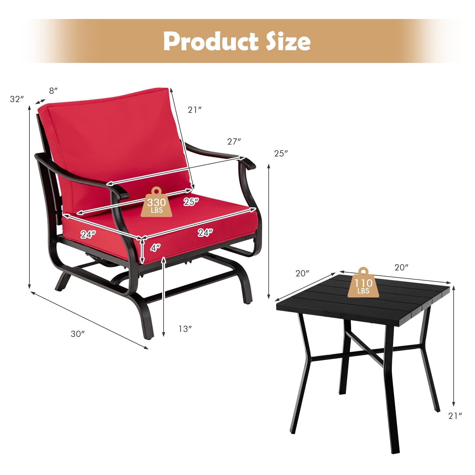 Giantex 3-Piece Outdoor Bistro Set with Rocking Chairs & Coffee Table - Steel Patio Rockers, Gliding Front Porch Furniture for Yard, Poolside, Deck, Garden (Red) | Perfect for Relaxing in Backyard, Balcony or Outdoor Entertaining