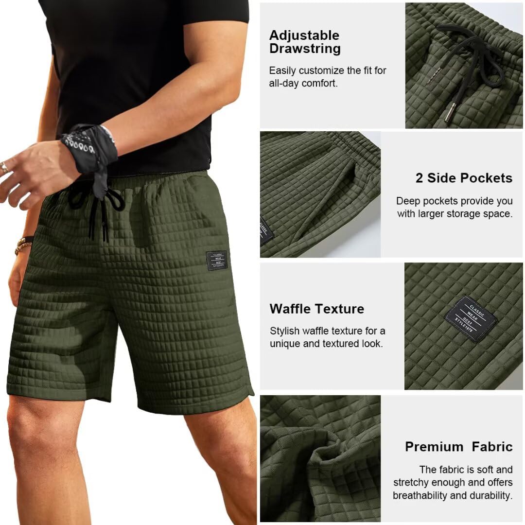 Men's Casual Waffle-Knit Shorts with Elastic Waist & Drawstring - 2 Pockets for Workout, Running & Jogging | Perfect for Gym, Sports & Summer Outdoor Activities