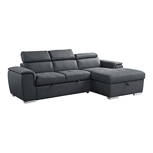 Berel 2-Piece Fabric Sectional Sofa with Pull-Out Sleeper Bed in Dark Gray - Modern Living Room Furniture for Small Spaces & Guest Accommodations
