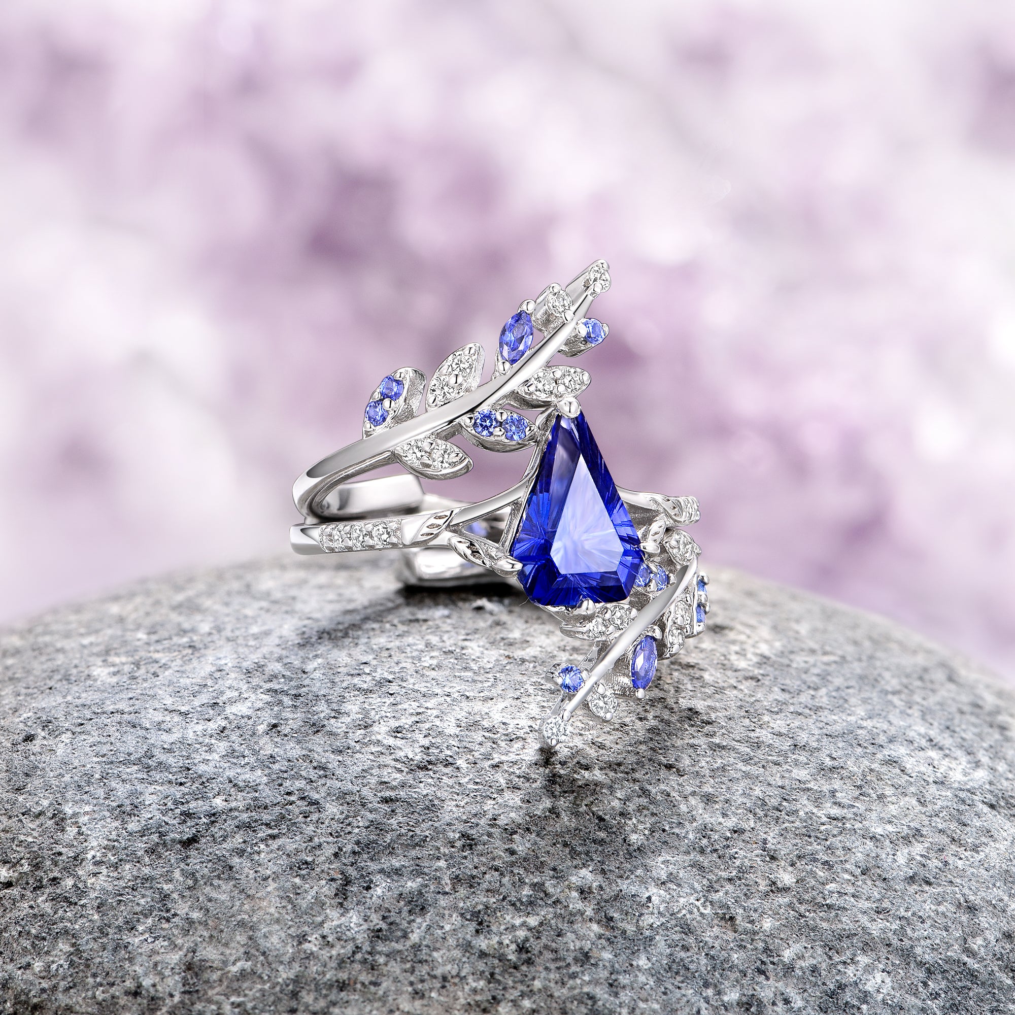 Fantasy Shield Cut Sapphire Leaf Ring Set - Sterling Silver Jewelry for Women, Elegant Nature-Inspired Rings for Everyday Wear & Special Occasions