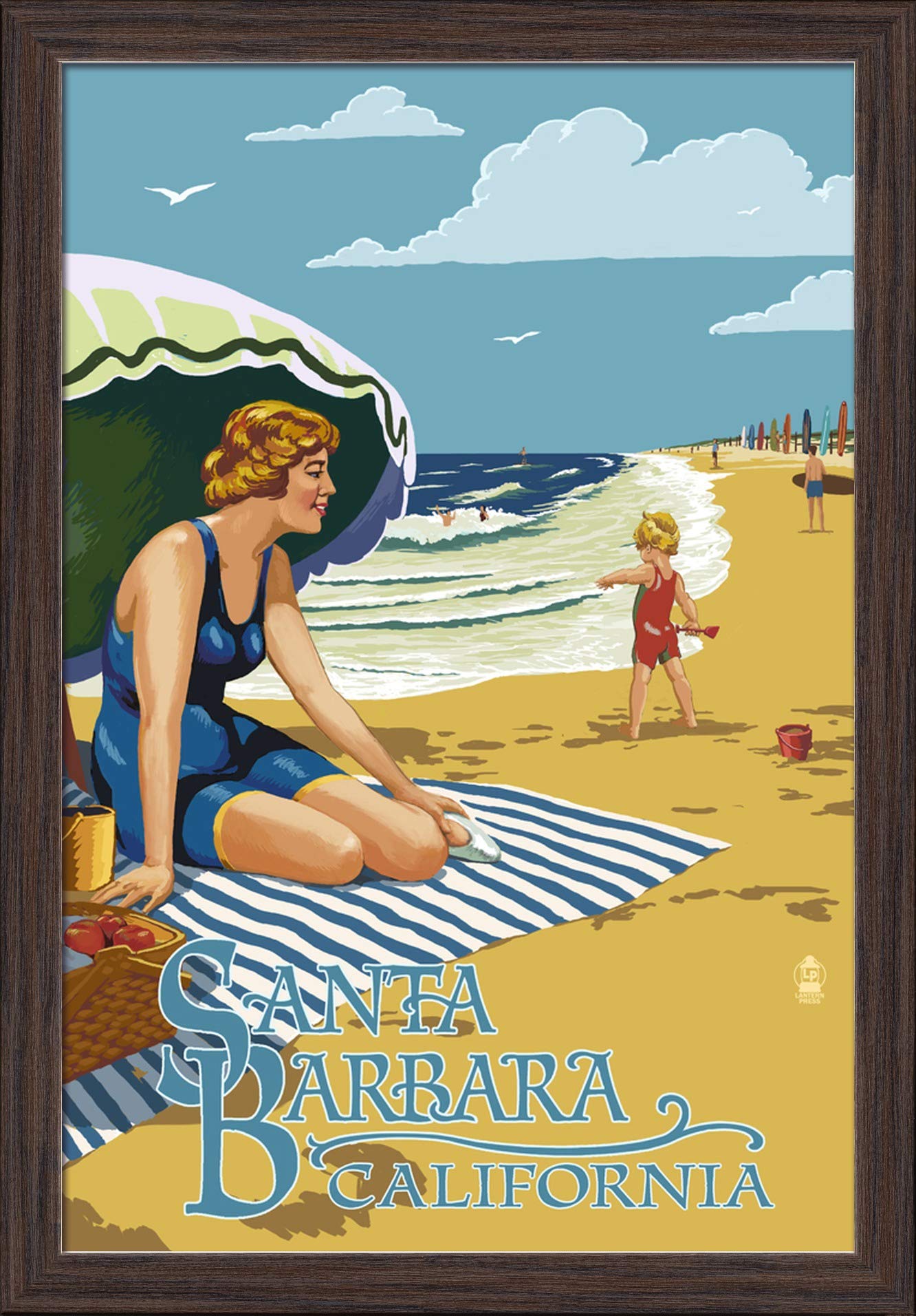 Santa Barbara California Beach Woman Art Print - 16x24 Giclee Fine Art on Recycled Wood Frame in Espresso Brown - Perfect for Coastal Home Decor & Beach House Wall Art