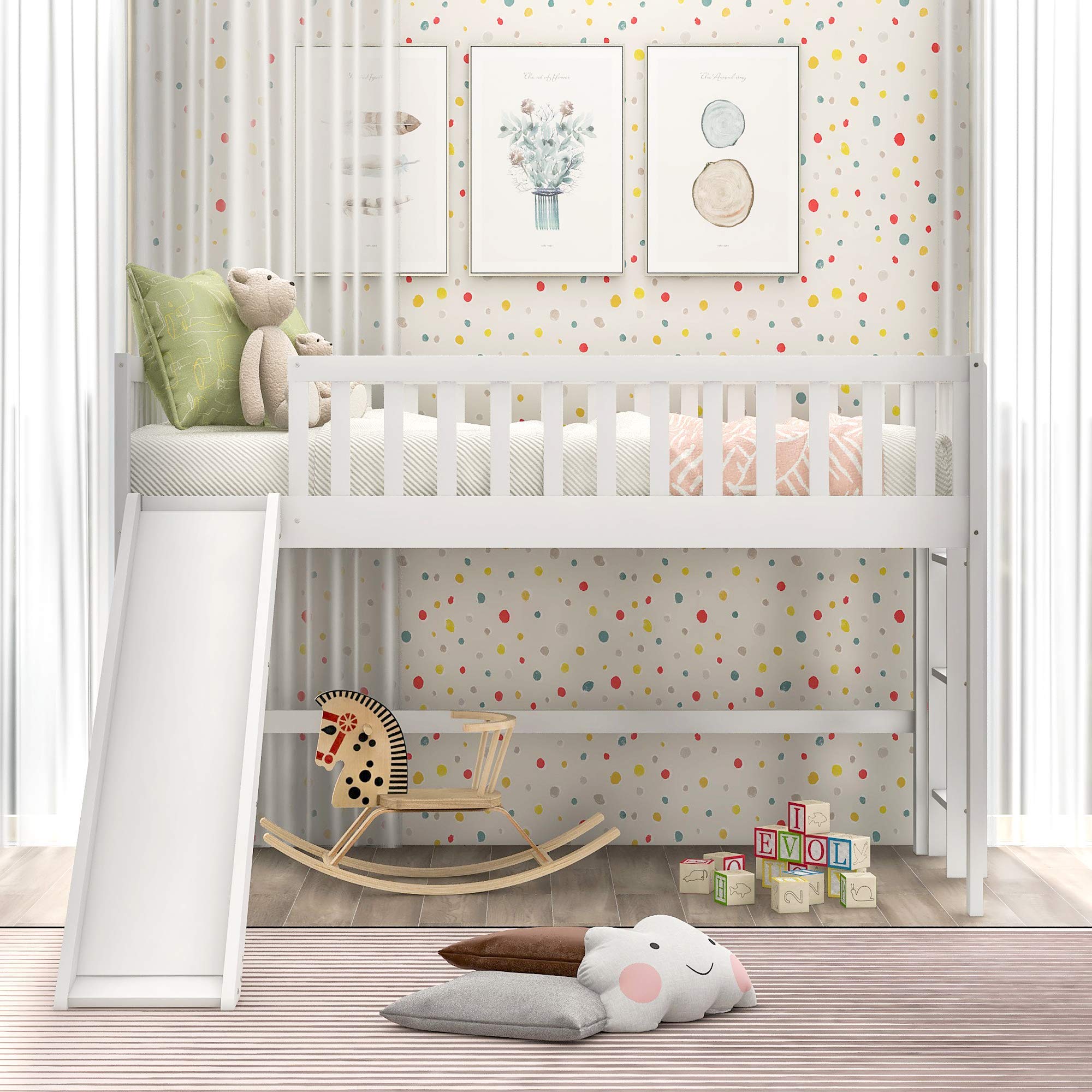Harper & Bright Designs Twin Loft Bed with Slide, Ladder & High Security Guardrail - Sturdy Wood Low Kids Loft Bed Frame, No Box Spring Needed (Twin, White) - Perfect for Small Kids' Bedrooms, Playrooms & Space-Saving Solutions