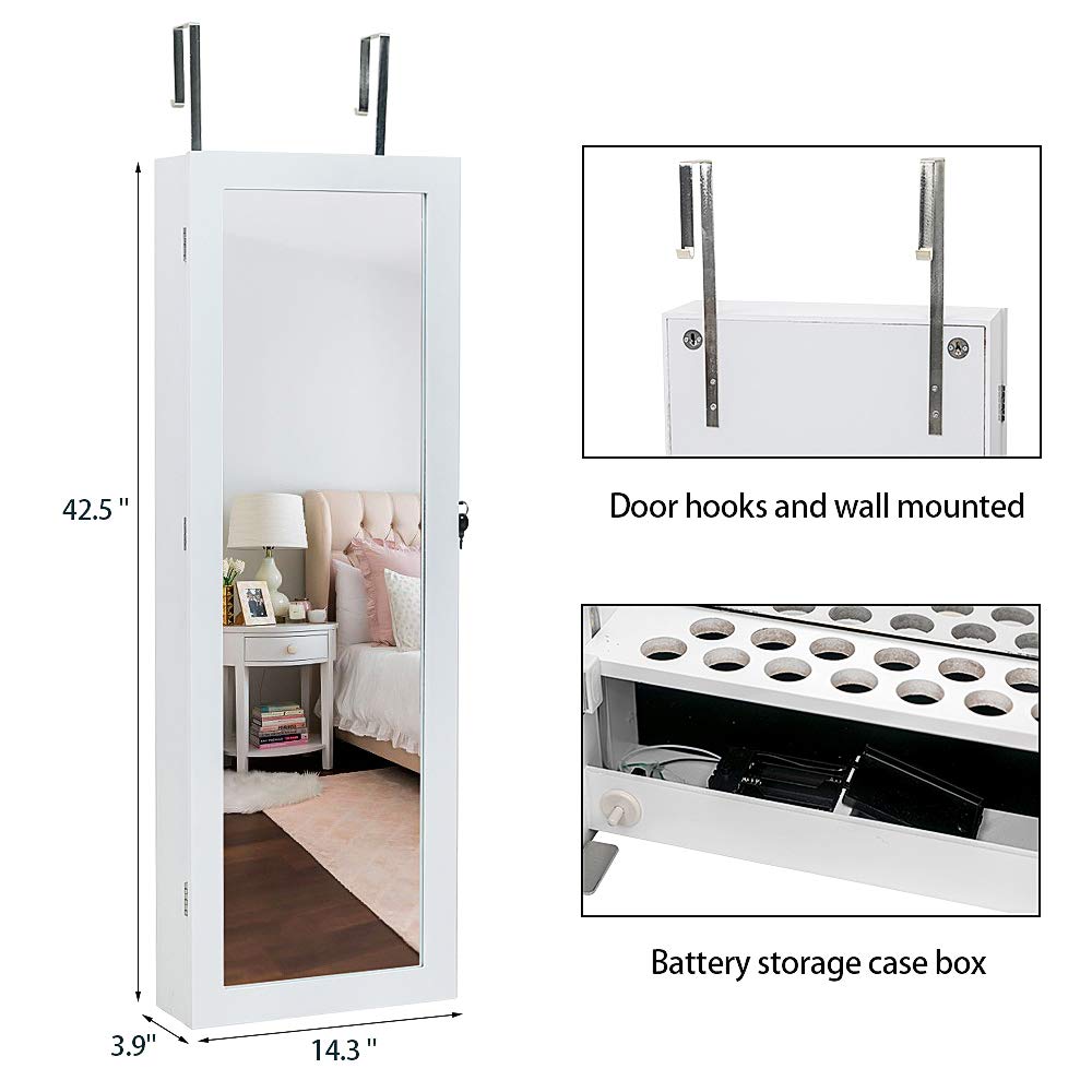 Bonnlo Lockable Jewelry Cabinet with 95 LED Lights - Wall Mount Jewelry Armoire with Mirror, Large Storage Organizer for Necklaces, Rings & Earrings | Perfect for Bedroom, Closet & Dressing Room Organization