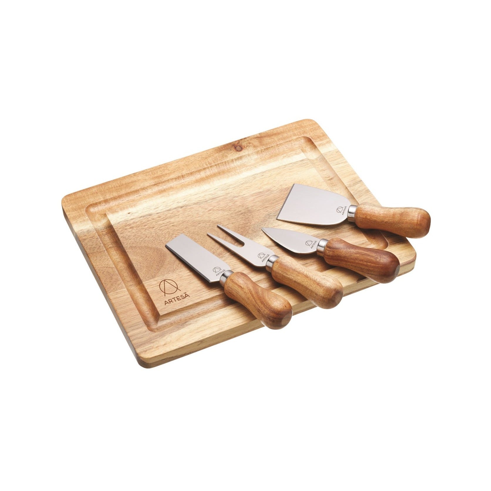 Premium Acacia Wood Cheese Board & Knife Set - 5 Piece Charcuterie Serving Platter with Stainless Steel Knives for Entertaining, Wine Pairing & Gourmet Cheese Presentation
