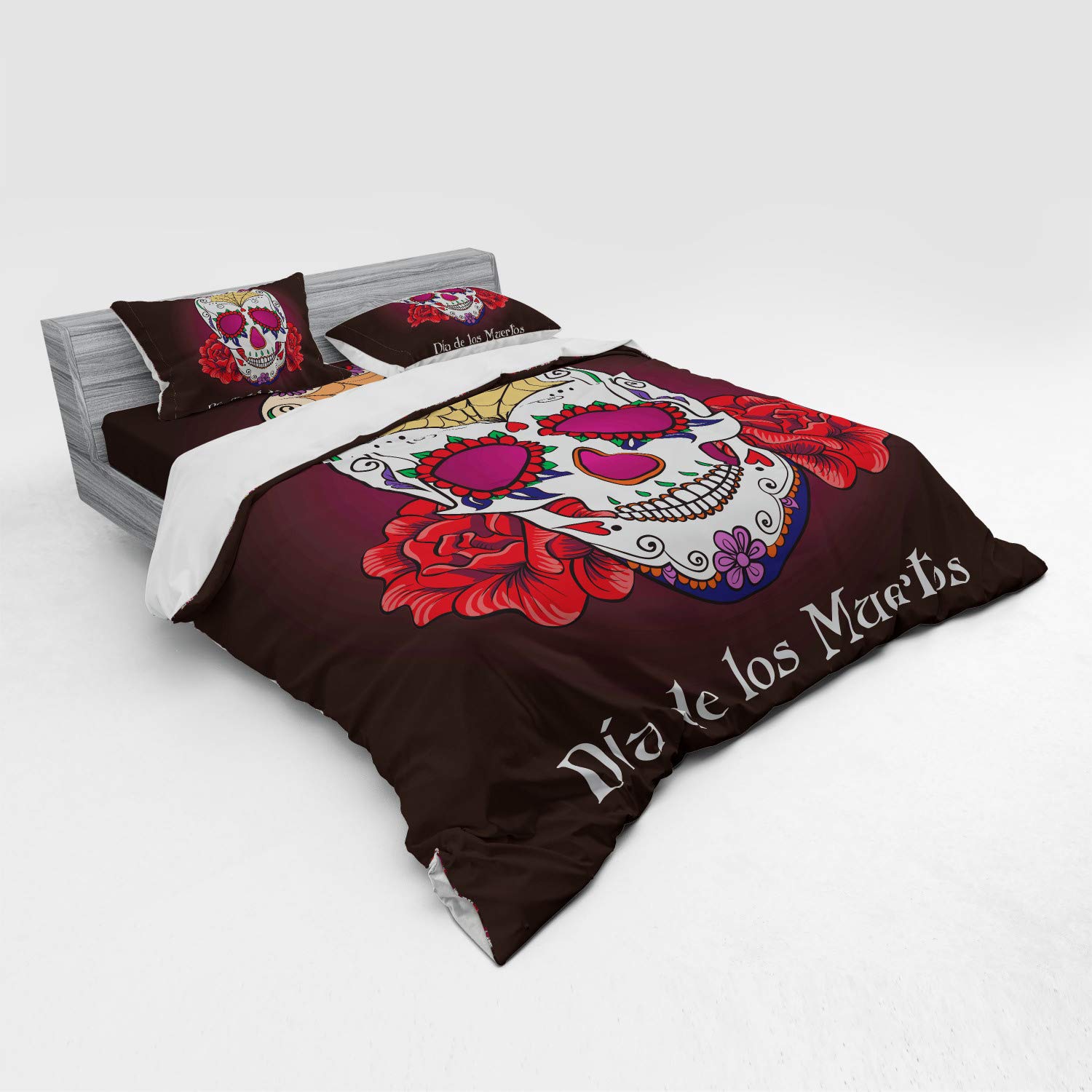 Ambesonne Day of The Dead Duvet Cover Set - Dia de Los Muertos Spanish Skull & Skeleton Print 4-Piece Bedding Set with Shams & Fitted Sheet, King Size in Plum Red Cream - Perfect for Halloween Decor & Mexican-Themed Bedrooms
