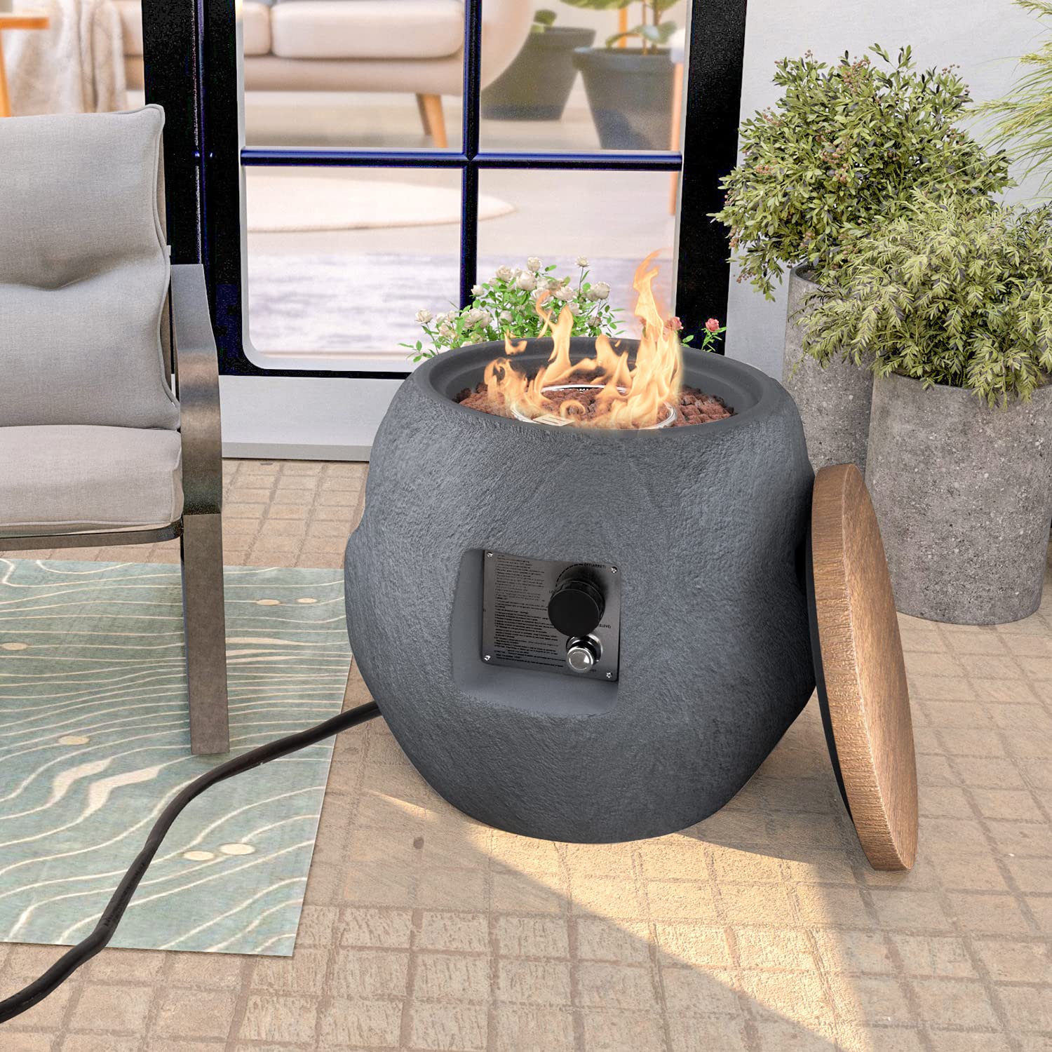 Modern Jar Shaped Propane Fire Pit Table - 40,000 BTU Outdoor Concrete Fire Table with Lava Rocks & Rain Cover - 2-in-1 Patio Side Table for Garden, Backyard & Poolside Gatherings