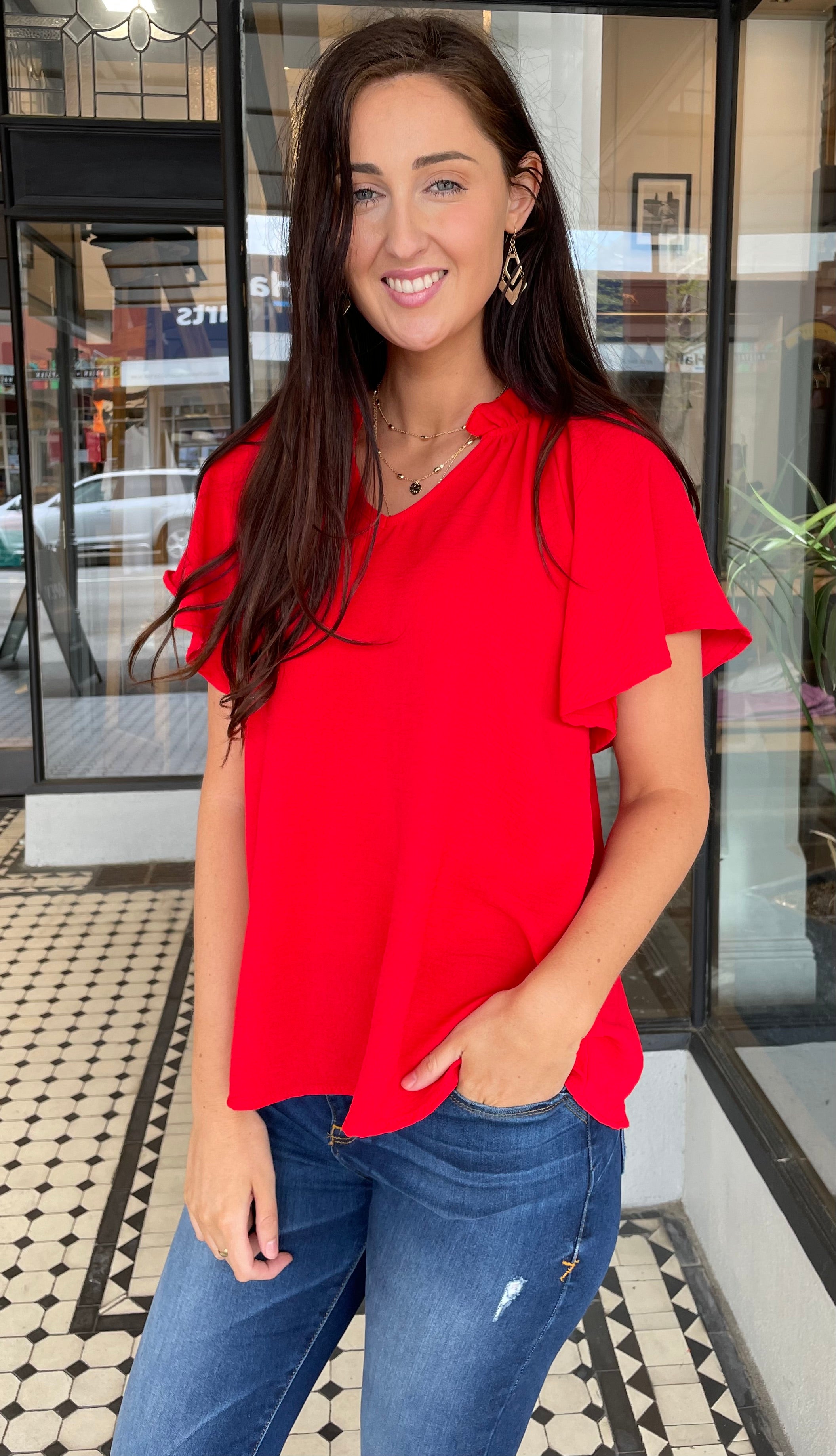 Lisa Women's V Neck Flutter Sleeve Blouse - Elegant Red Tops for Casual Wear & Office Outfits | Perfect for Date Night & Summer Fashion