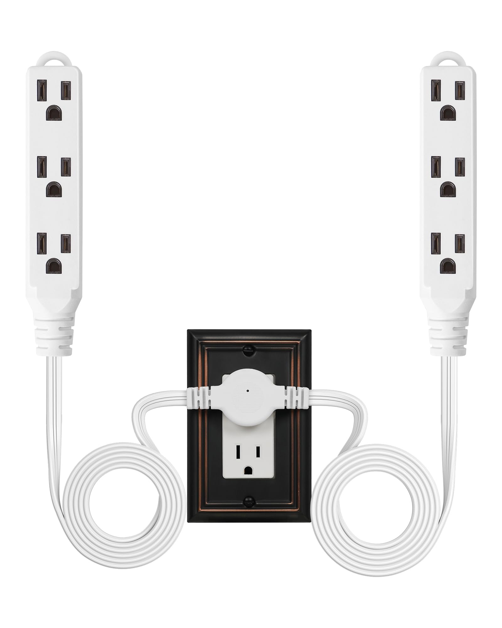 3 Prong Twin Extension Cord Power Strip - 12Ft Ultra Thin Flat Extension Cord with 6 Outlets, Flat Head Plug & 6 Ft Each Side - ETL Listed White Indoor Power Splitter for Home Office, Bedroom & Entertainment Setup