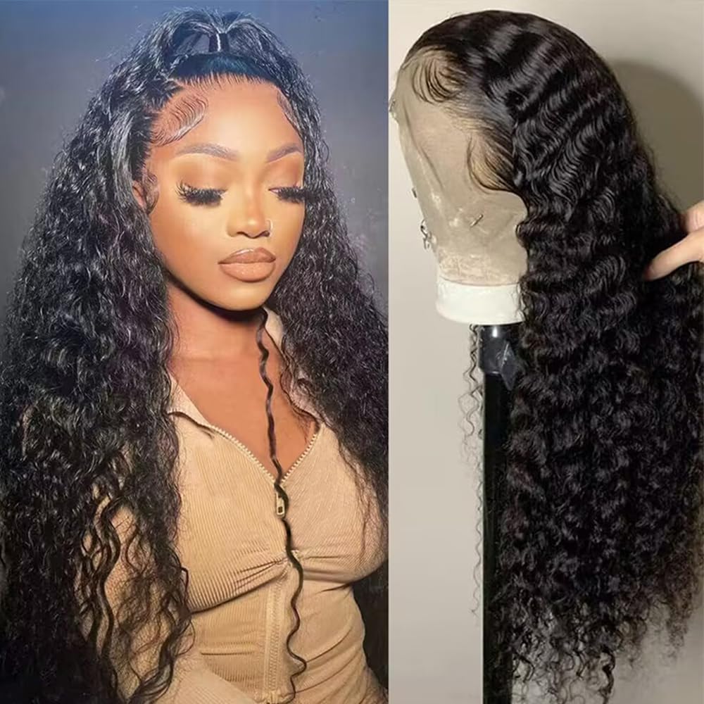 HD Lace Front Wigs Human Hair - Water Wave Deep Curly Glueless Wigs with Baby Hair | 180% Density 30inch Natural Black | Perfect for Daily Wear, Parties & Special Occasions