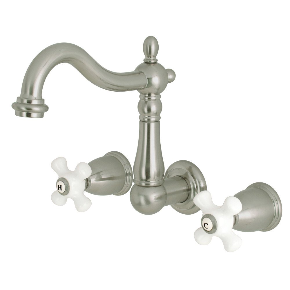 Kingston Brass KS1258PX Heritage Wall Mount Vessel Sink Faucet 6-3/8 Inch Brushed Nickel - Modern Bathroom Vanity Faucet for Powder Room & Guest Bath Decor