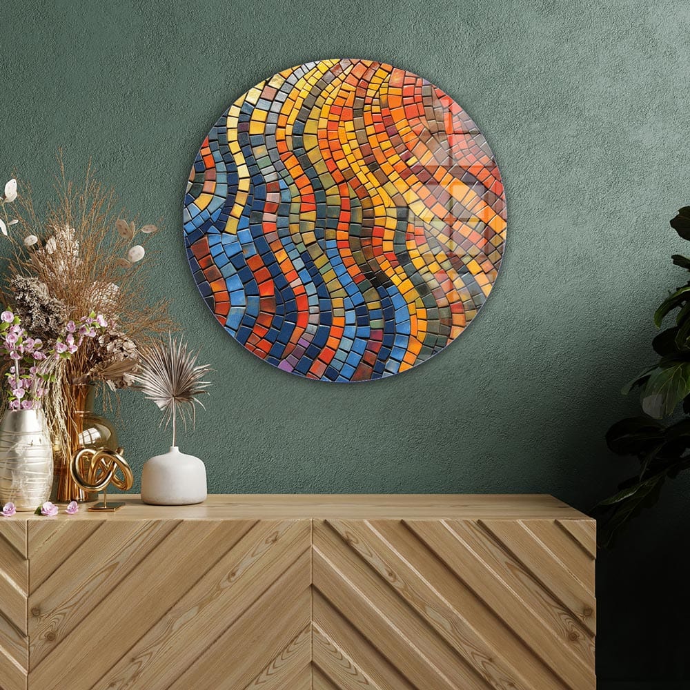Modern Mosaic Circles Rounded Glass Wall Art - Handmade Home Decor for Living Room, Bedroom & Office