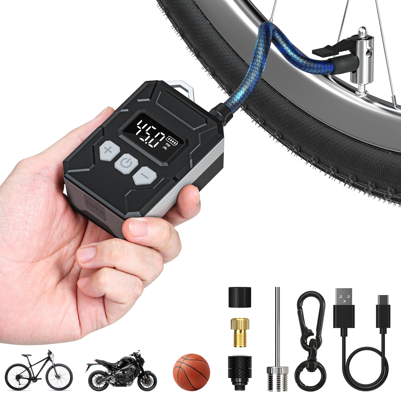 GODIAG Mini Electric Bike Pump - Portable Air Compressor with LCD Gauge for Bicycle Tires | Fits Presta & Schrader Valves | USB Type-C Rechargeable | Ideal for Road Bikes, Motorcycles, Sports Balls & Inflatables | Perfect for Travel, Camping & Emergency Tire Inflation