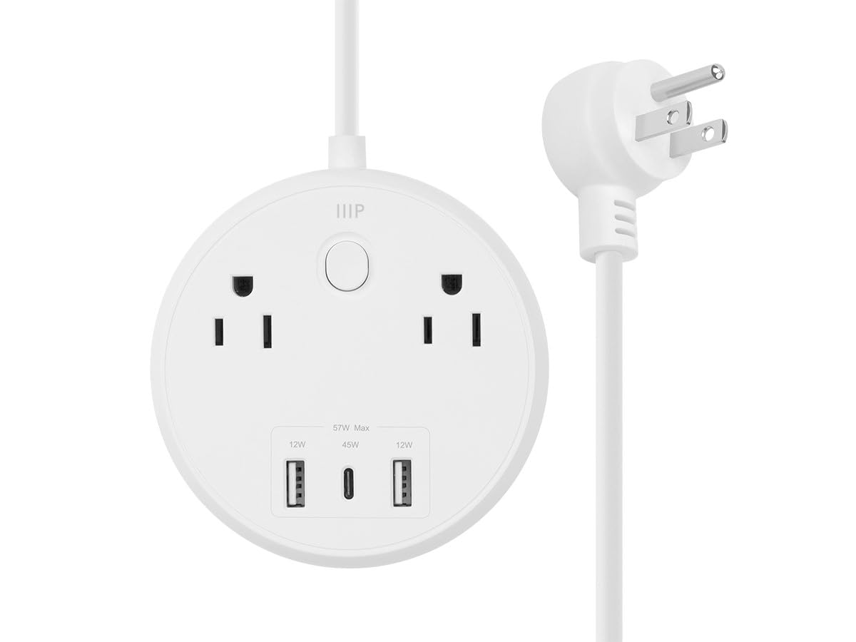 Monoprice 57W USB-C Power Strip with 2 Outlets & 3 USB Ports | 5-Foot Extension Cord | Compact Travel Charger for MacBook Pro, iPad Pro, iPhone, Galaxy | Perfect for Home, Office & Travel Charging Needs