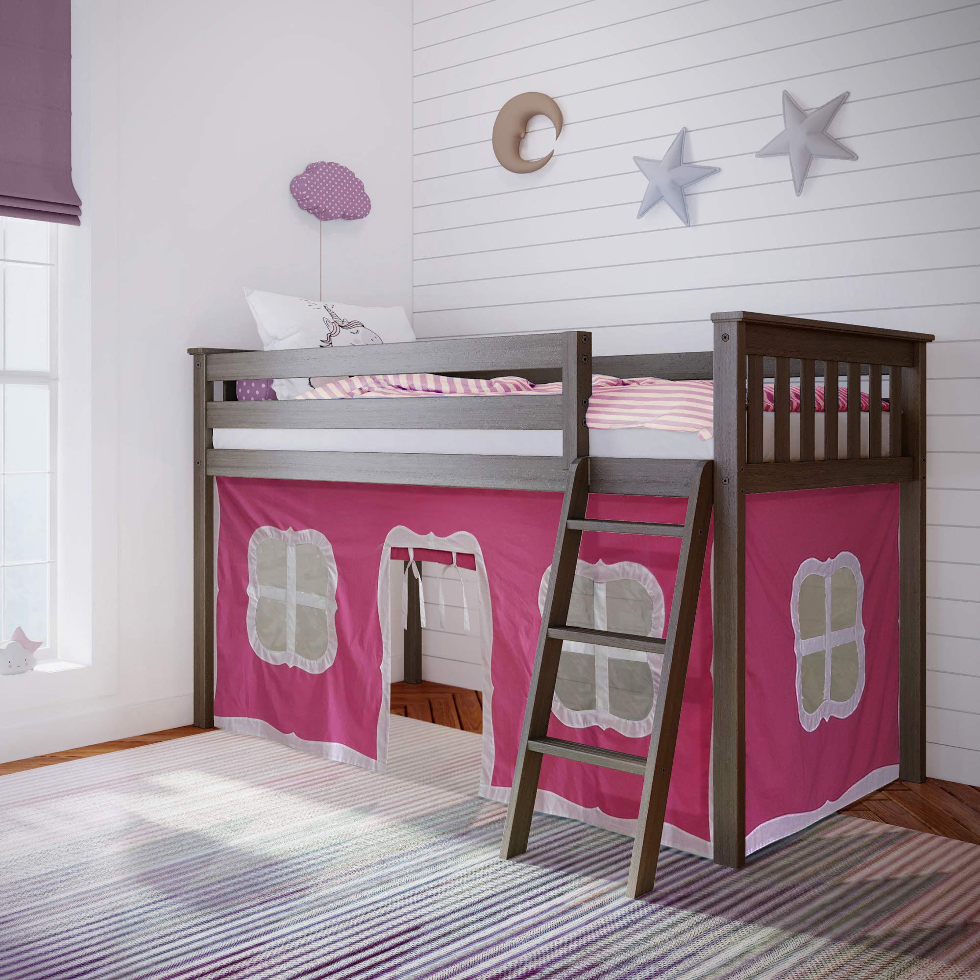 Max & Lily Low Loft Twin Bed Frame for Kids with Play Curtains - Clay & Pink Color - Perfect for Small Bedrooms, Playrooms & Sleepovers
