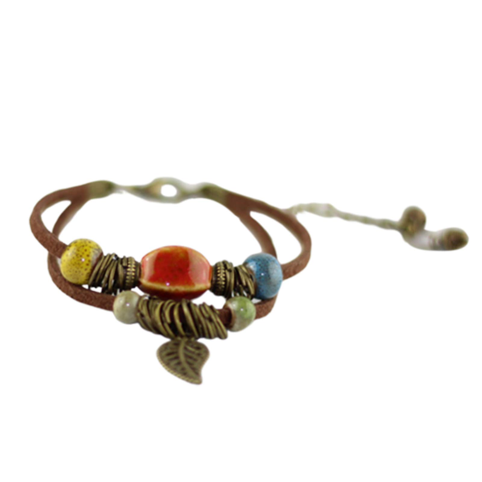 Hislaves Bohemian Double Layer Leaf Charm Bracelet for Women - Ceramic Beads & Faux Leather Rope Jewelry Accessory - Perfect for Casual Wear, Festivals & Boho Style Outfits