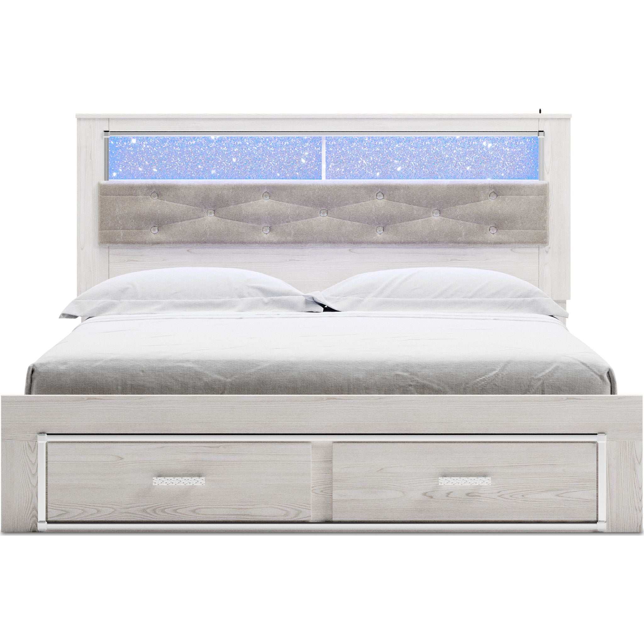 Altyra King Upholstered Bookcase Bed with Storage - White Wooden Platform Bed Frame with Headboard & Underbed Storage | Perfect for Small Bedrooms, Guest Rooms & Dormitories