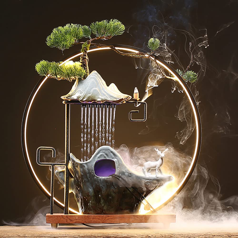 Indoor Water Fountain with LED Light - Tabletop Waterfall Rockery for Office & Home Decor | Relaxing Zen Fountain for Stress Relief & Meditation Space
