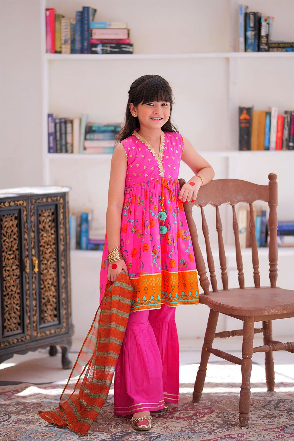 Elegant Cotton Gold Printed Lawn 3-Piece Suit for Women - Shocking Pink Senorita Outfit for Parties, Weddings & Special Occasions