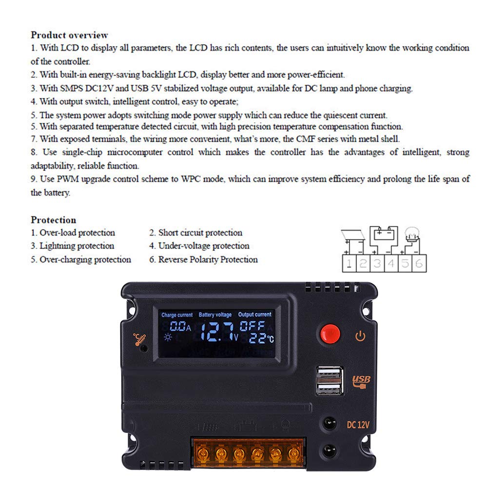 12V/24V Solar Charge Controller with LCD Display - Durable MPPT Regulator for 4S LiFePO4 Batteries - Perfect for RV, Marine, Off-Grid Solar Power Systems