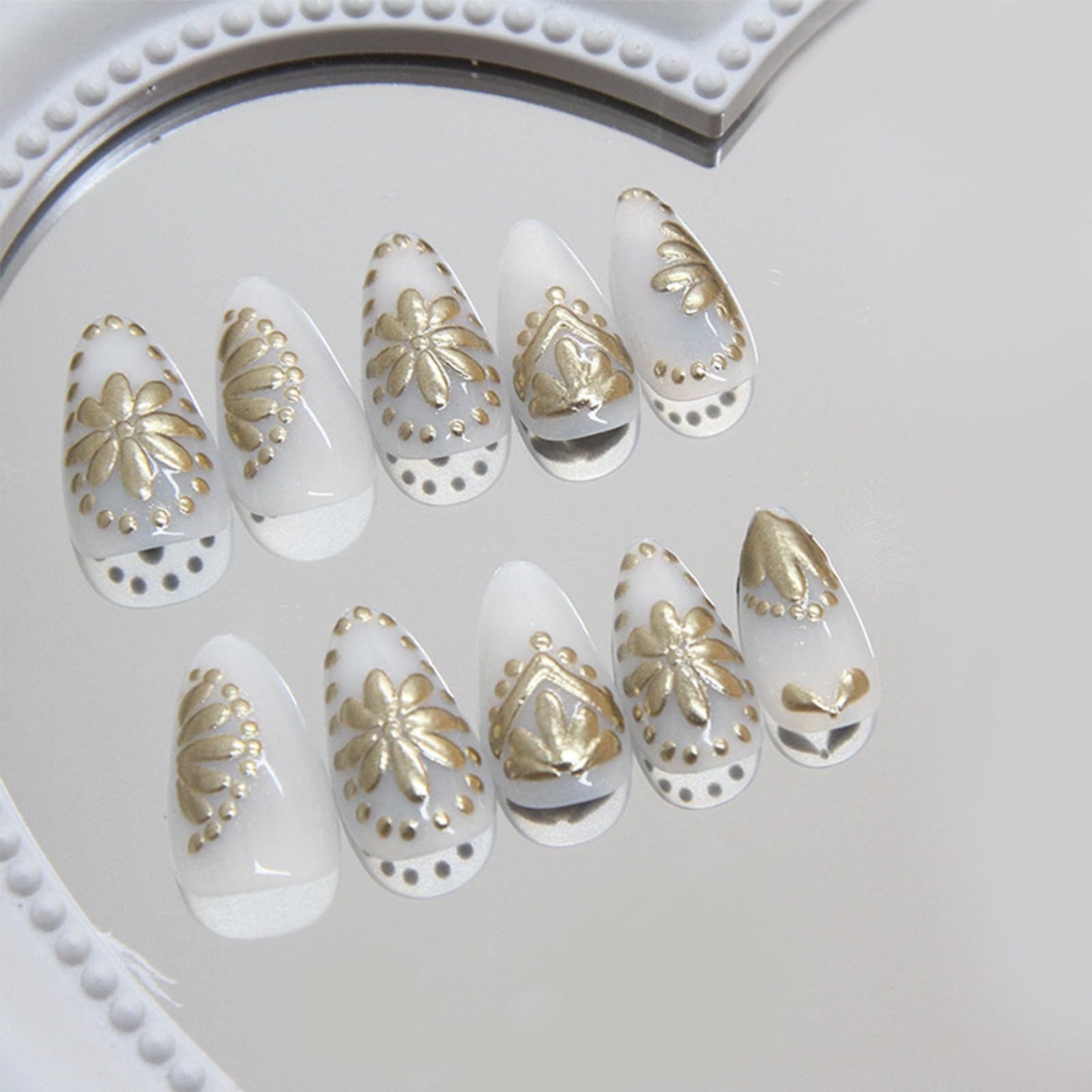 30Pcs Short Medium Almond Fake Nails - Gold Chrome Plating Floral Acrylic Press on Nails with 3D Carving French Tips - Full Cover Glossy Stick on Nails for Women & Girls - Perfect for Parties, Weddings, Date Nights and Special Occasions
