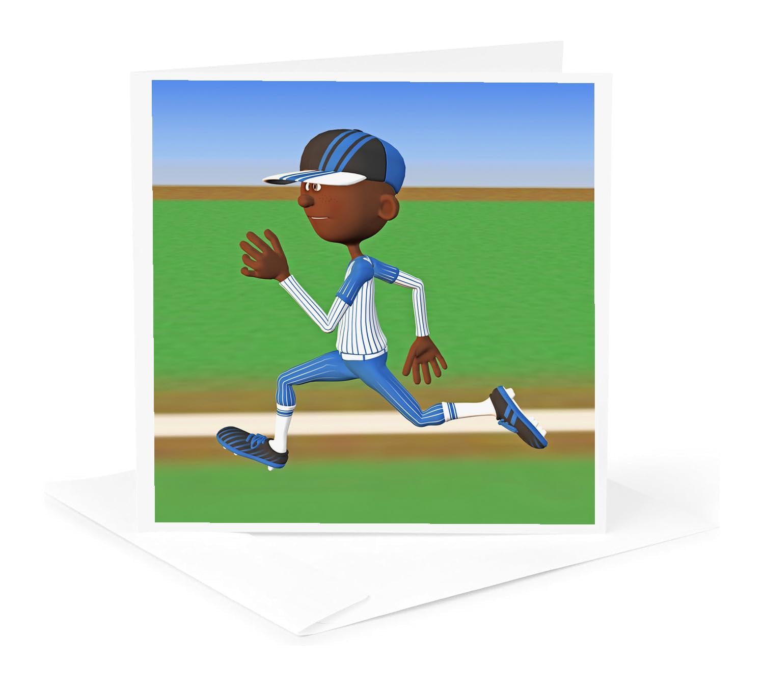Cartoon AA Baseball Player Greeting Card - Blue & White Running Design - Perfect for Sports Fans, Birthdays & Special Occasions