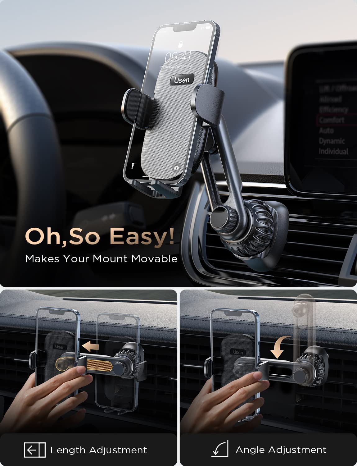 LISEN Universal Car Phone Holder Mount - Vent Clip with Metal Hook, Hands-Free Car Phone Stand for iPhone 16/16e/15 Pro Max/Plus & Samsung S25 [2 Hook Kit] - Perfect for GPS Navigation, Rideshare & Road Trips