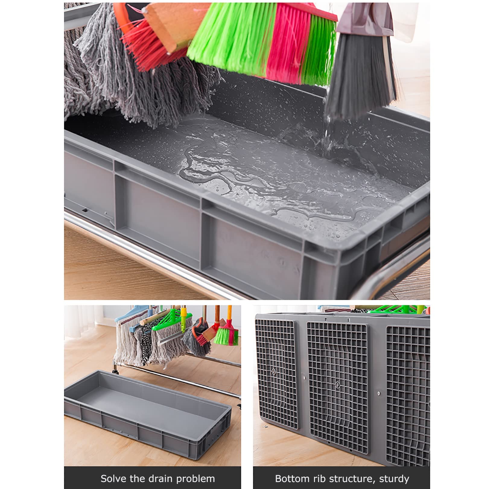 Adjustable Broom and Mop Holder with 5 Racks & 6 Hooks - Wall Mounted or Floor Standing Wet Mop Storage Organizer for Garage, Kitchen, Bathroom - Heavy Duty Cleaning Tool Cart for Home, School, Hospital, Hotel, and Office Use