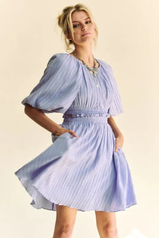 Lavender Back Button Puff Sleeve Mini Dress for Women | Summer Beach Resort Outfit | Perfect for Vacation, Wedding Guest & Date Night