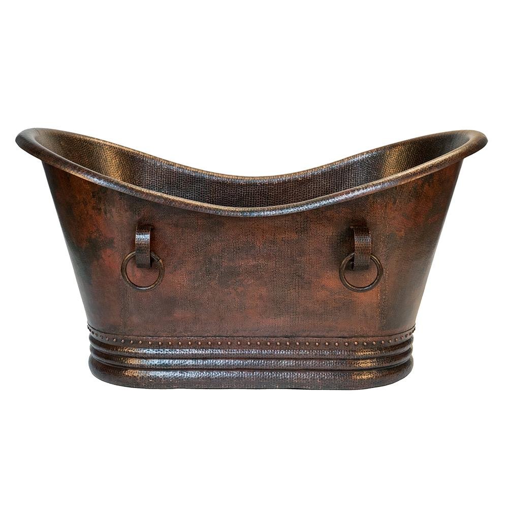 Premium 60-Inch Hammered Copper Double Slipper Bathtub with Rings (BTDR60DB) - Luxurious Freestanding Soaking Tub for Spa-Like Bathroom Retreat