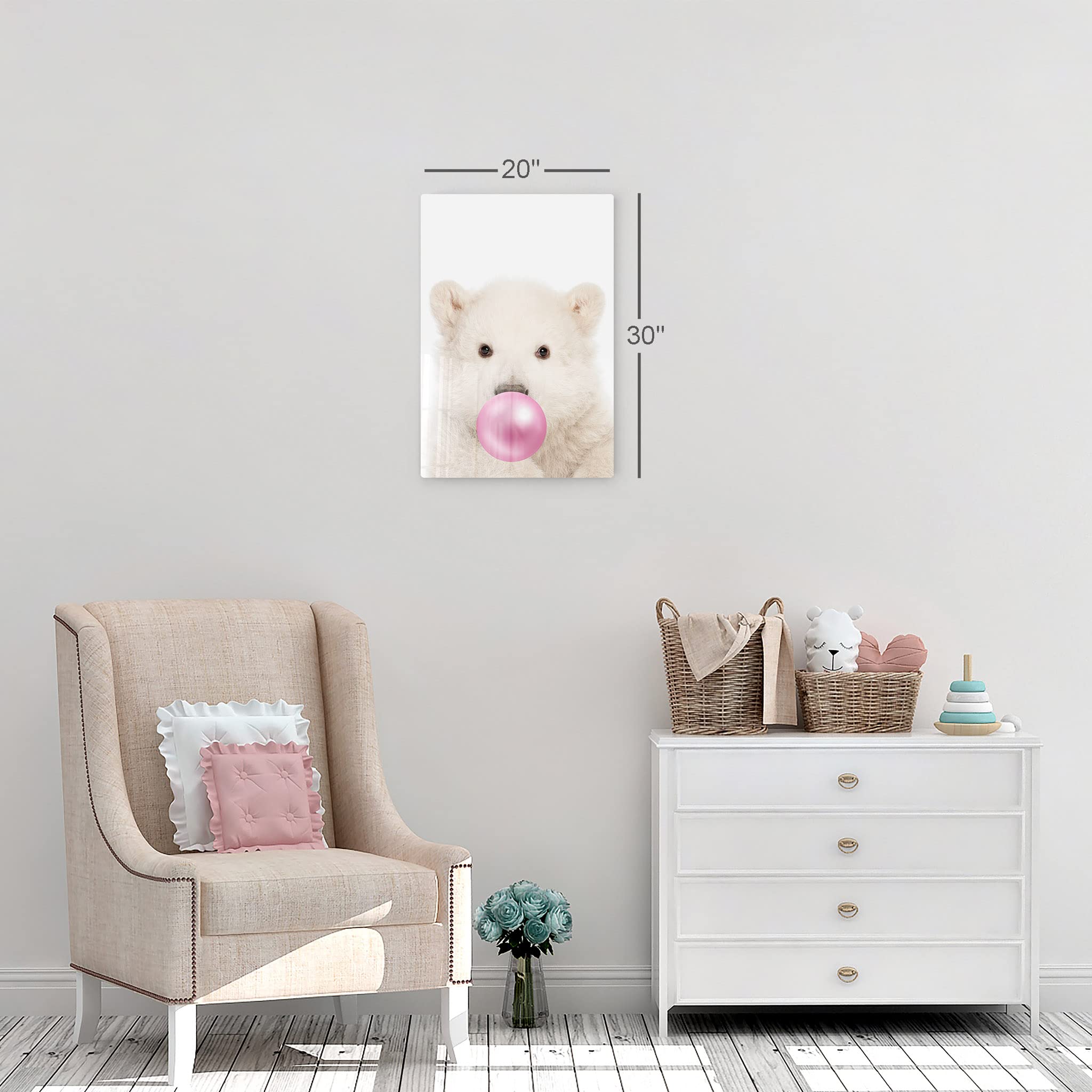 Polar Bear Chewing Pink Bubble Gum Metal Wall Art Print - 12x8 Inches, Animal Pop Art Decor for Office, Living Room, Bedroom & Nursery - Unique Gift for Kids & Baby Room