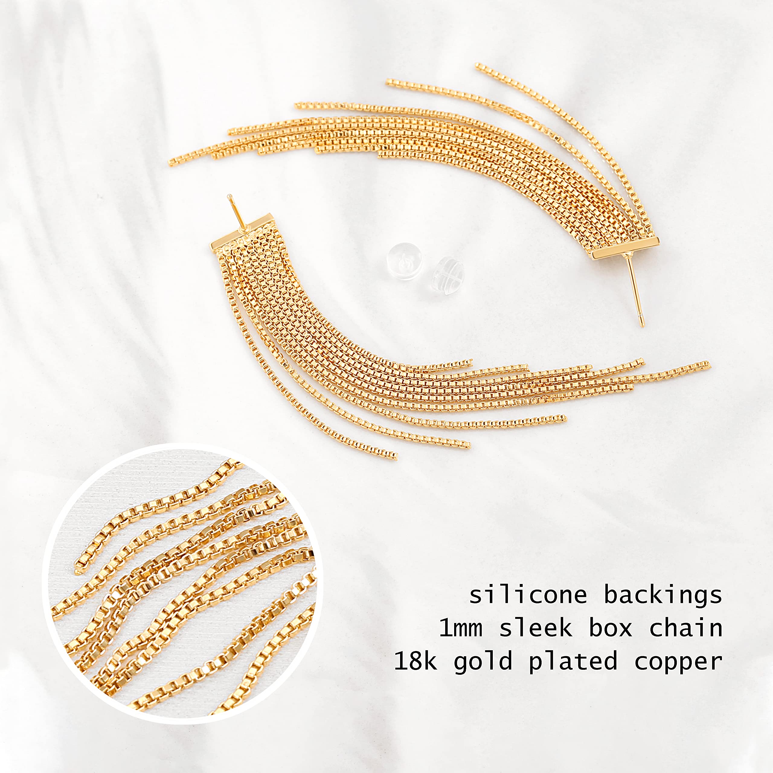 18K Gold Long Chain Tassel Drop Earrings for Women - Trendy Sleek Linear Fringe Dangle Earrings - Perfect for Parties, Weddings & Evening Events
