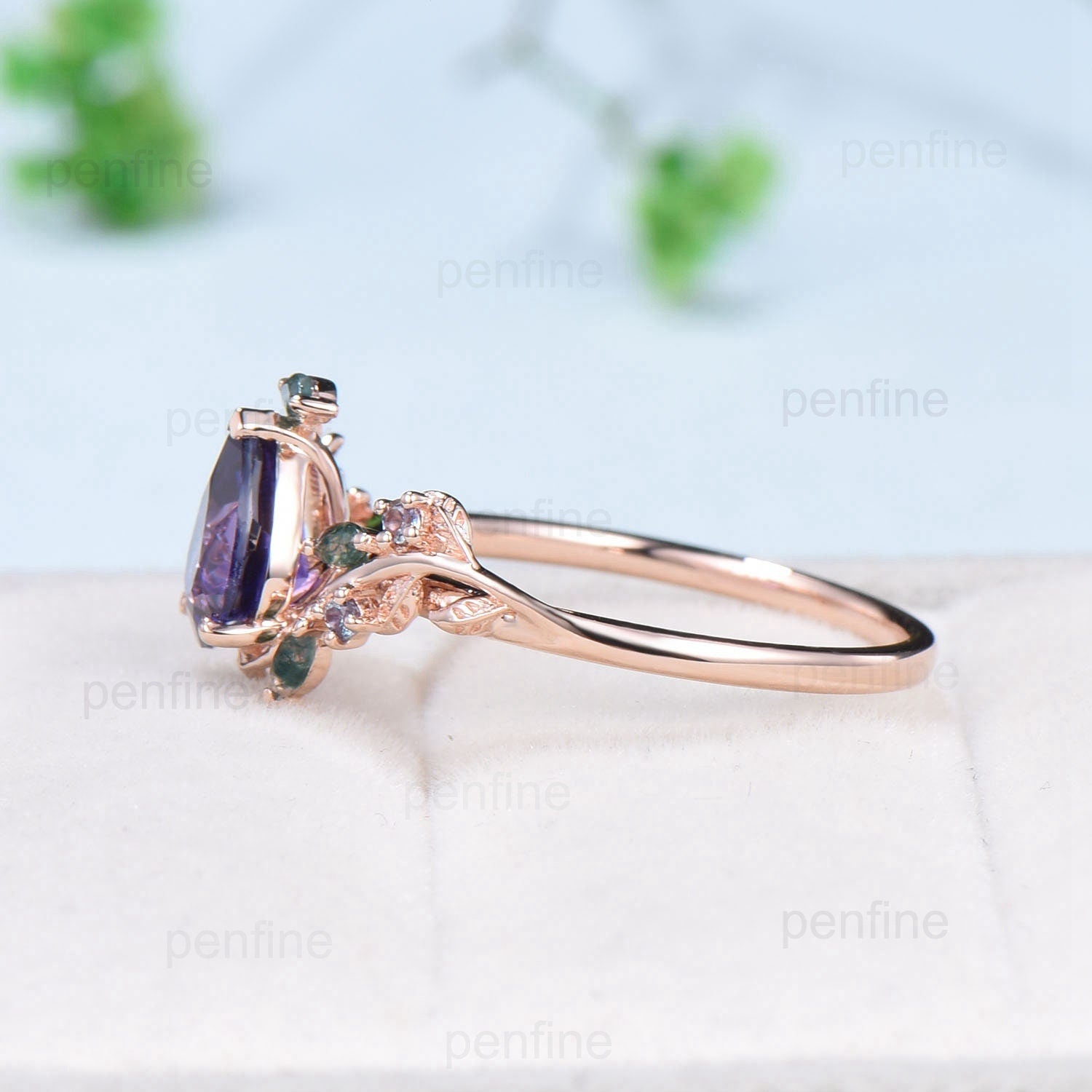 Vintage Pear Shaped Floral Purple Sapphire Engagement Ring - Natural Inspired Alexandrite & Marquise Moss Agate Wedding Promise Ring for Bridal, Anniversary & Special Occasions