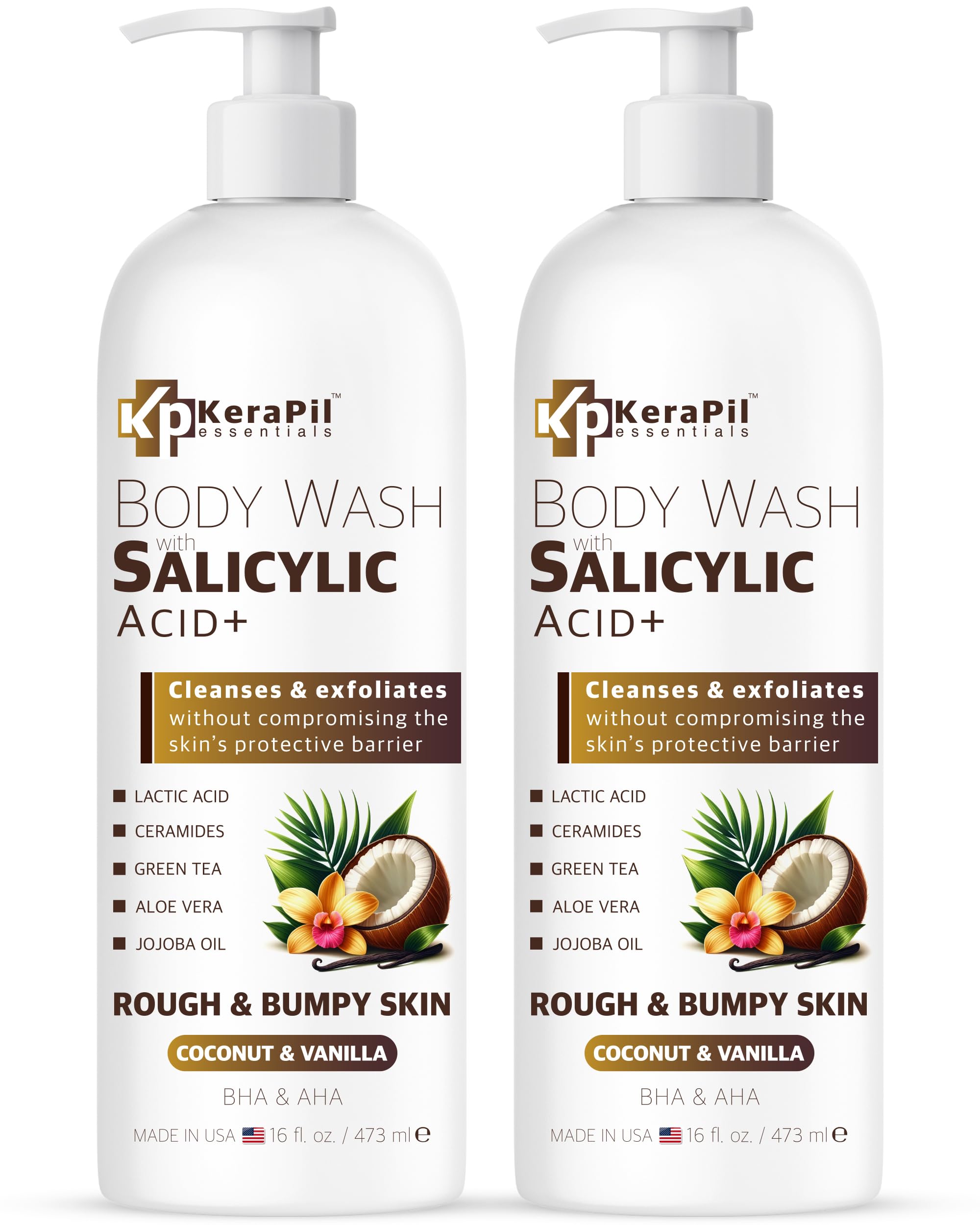 Exfoliating Body Wash with Salicylic Acid for Rough & Bumpy Skin - Gentle BHA & AHA Acne Treatment Body Wash - Coconut Vanilla Scent - Hydrating Formula Prevents Dryness - 16 fl oz x 2 Pack - Perfect for Shower, Post-Workout, and Sensitive Skin Care